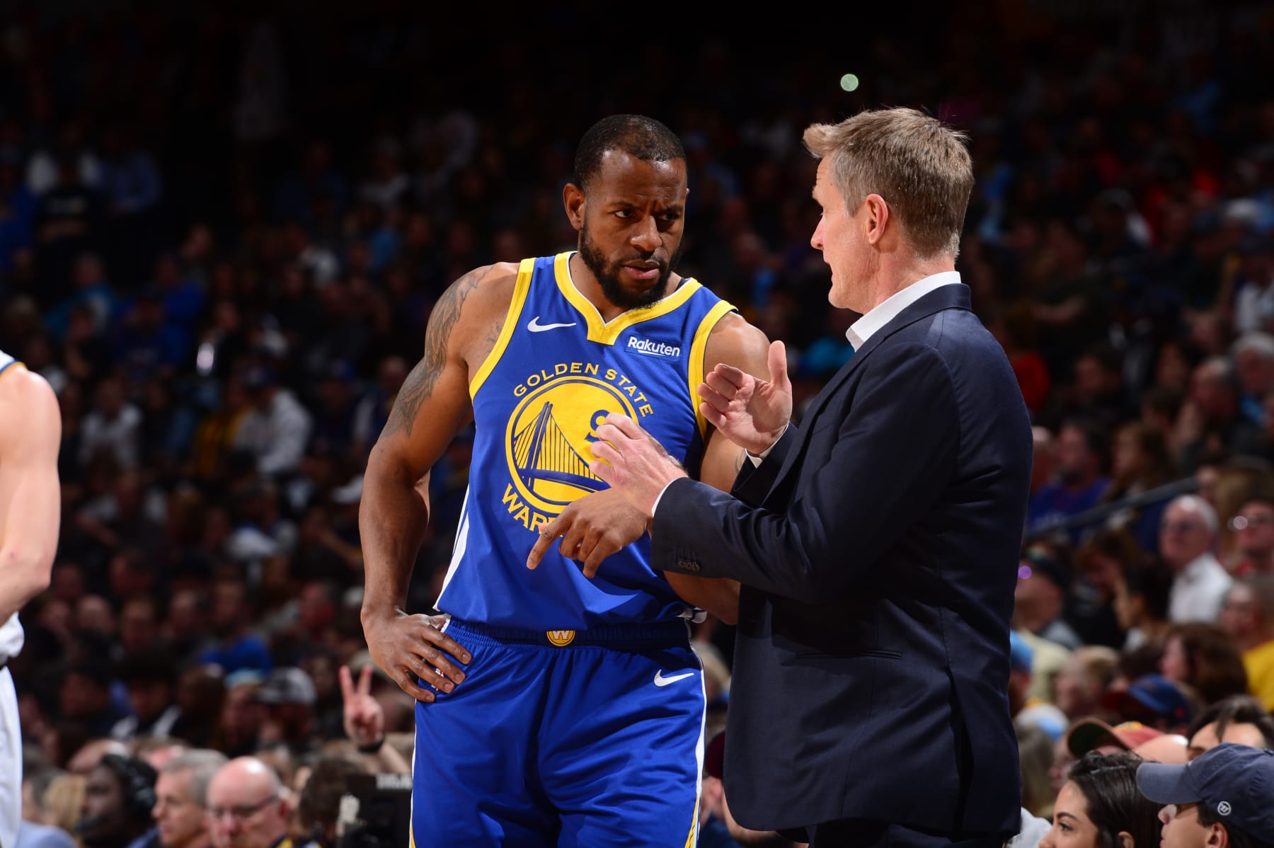 DENVER, CO - JANUARY 15:  Head Coach Steve Kerr speaks with Andre Iguodala #9 of the Golden State Warriors during the game against the Denver Nuggets on January 15, 2019 at the Pepsi Center in Denver, Colorado. NOTE TO USER: User expressly acknowledges and agrees that, by downloading and/or using this Photograph, user is consenting to the terms and conditions of the Getty Images License Agreement. Mandatory Copyright Notice: Copyright 2019 NBAE (Photo by Bart Young/NBAE via Getty Images)