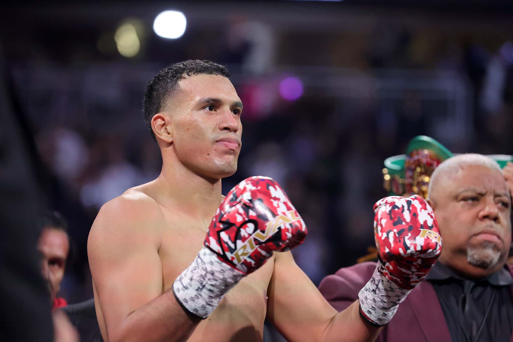 LAS VEGAS, NEVADA - FEBRUARY 01: WBC interim light heavyweight champion David Benavidez waits for the start of his title fight against WBA light heavyweight champion David Morrell Jr. at T-Mobile Arena on February 01, 2025 in Las Vegas, Nevada. Benavidez won the WBA title by unanimous decision. (Photo by Steve Marcus/Getty Images)