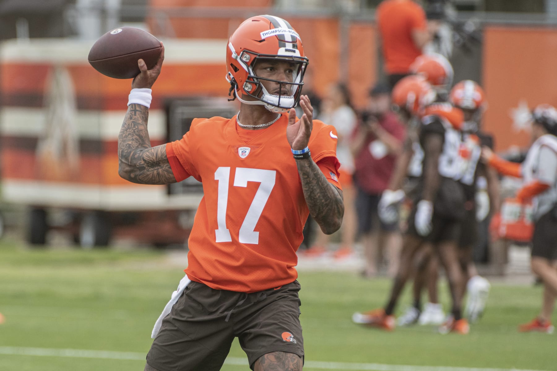 Cleveland Browns rookie Dorian Thompson-Robinson (17) looks to pass the ball during the NFL football team's rookie minicamp in Berea, Ohio, Friday, May 12, 2023. (AP Photo/Phil Long)