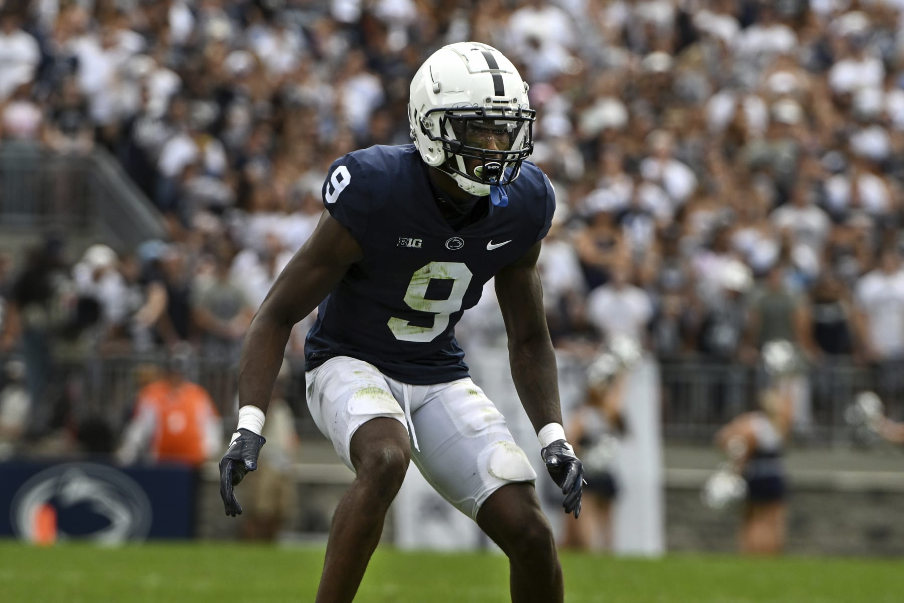 Penn State cornerback Joey Porter Jr. (9) drops into coverage during an NCAA college football game against Ohio, Saturday, Sept. 10, 2022, in State College, Pa. (AP Photo/Barry Reeger)