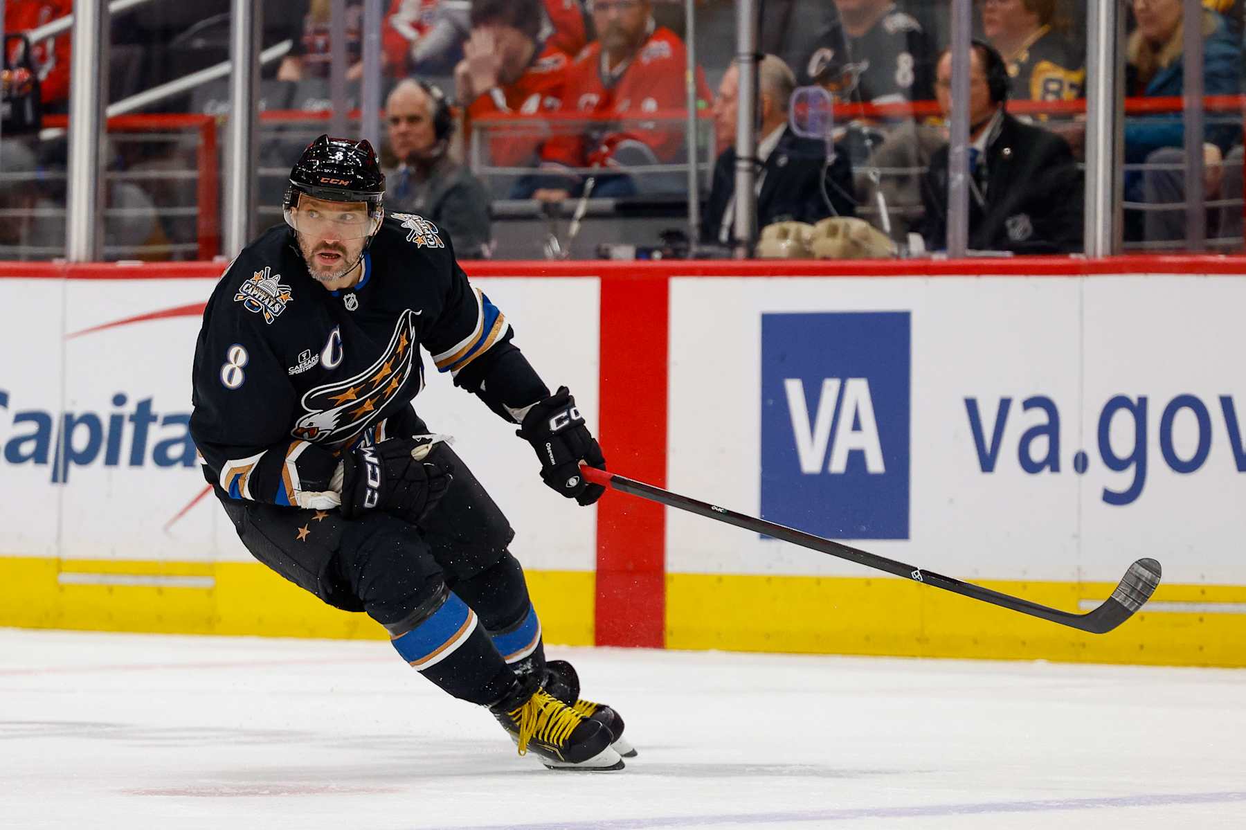 WASHINGTON, DC - JANUARY 18: Alex Ovechkin #8 of the Washington Capitals skates towards the puck carrier during a game against the Pittsburgh Penguins at Capital One Arena on January 18, 2025 in Washington, D.C. (Photo by John McCreary/NHLI via Getty Images)