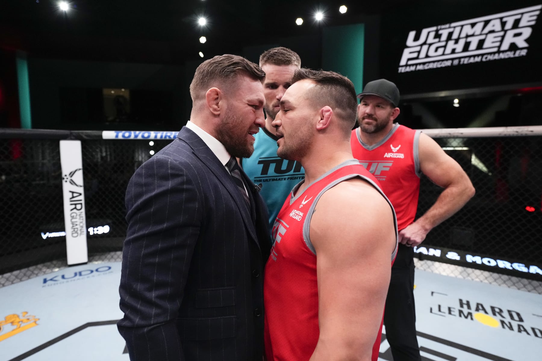 LAS VEGAS, NEVADA - MARCH 03:  (L-R) Conor McGregor and Michael Chandler face off during the filming of The Ultimate Fighter at UFC APEX on March 3, 2023 in Las Vegas, Nevada. (Photo by Chris Unger/Zuffa LLC)