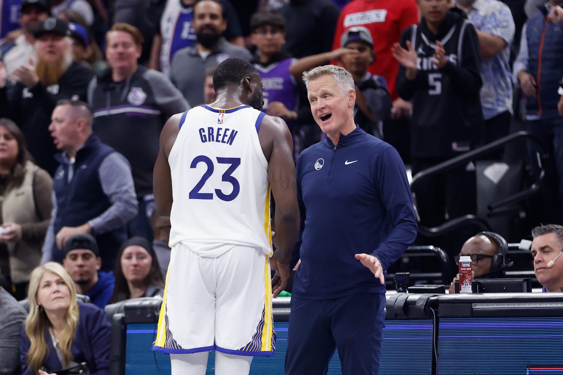 SACRAMENTO, CALIFORNIA - NOVEMBER 28: Draymond Green #23 of the Golden State Warriors talks to head coach Steve Kerr after receiving a technical foul in the fourth quarter against the Sacramento Kings during the NBA In-Season Tournament game at Golden 1 Center on November 28, 2023 in Sacramento, California. NOTE TO USER: User expressly acknowledges and agrees that, by downloading and or using this photograph, User is consenting to the terms and conditions of the Getty Images License Agreement. (Photo by Lachlan Cunningham/Getty Images)