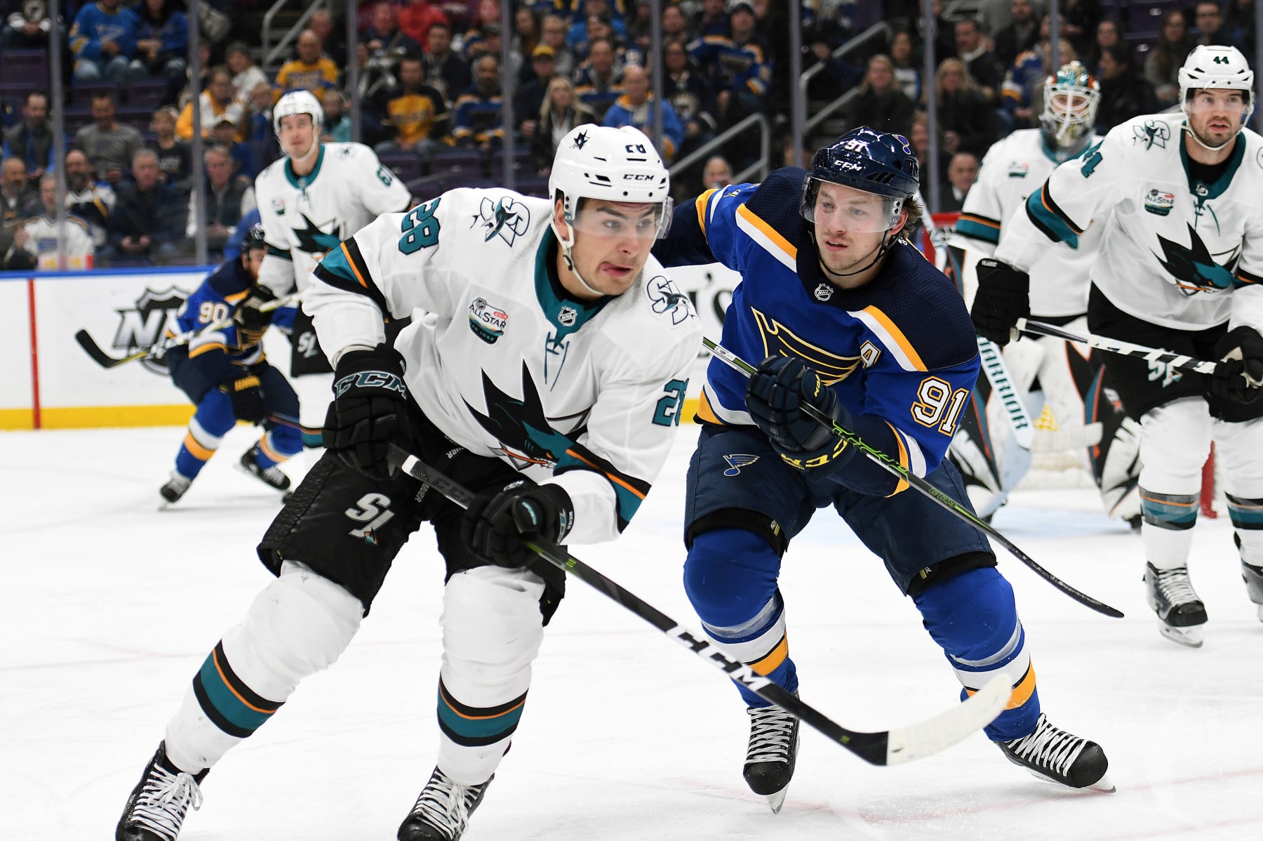 San Jose Sharks winger Timo Meier (left) and St. Louis Blues winger Vladimir Tarasenko