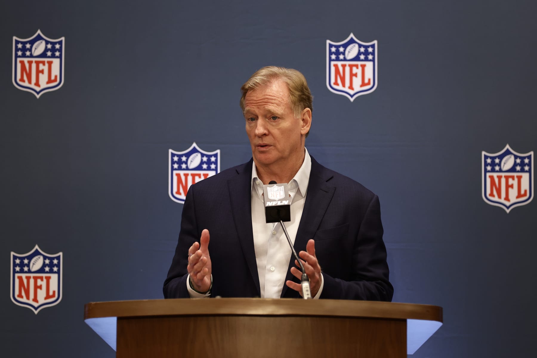 NFL football commissioner Roger Goodell speaks to the media during league meetings Wednesday, Oct. 18, 2023, in New York. (AP Photo/Adam Hunger)