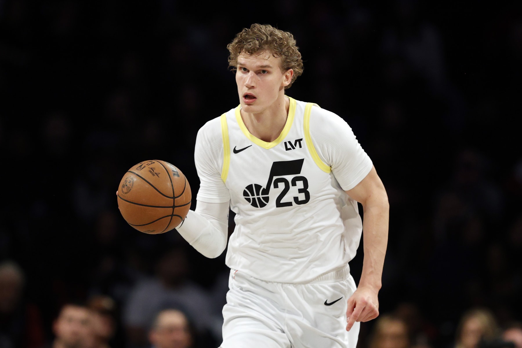 NEW YORK, NEW YORK - JANUARY 29: Lauri Markkanen #23 of the Utah Jazz dribbles during the first half against the Brooklyn Nets at Barclays Center on January 29, 2024 in the Brooklyn borough of New York City. NOTE TO USER: User expressly acknowledges and agrees that, by downloading and/or using this Photograph, user is consenting to the terms and conditions of the Getty Images License Agreement. (Photo by Sarah Stier/Getty Images)
