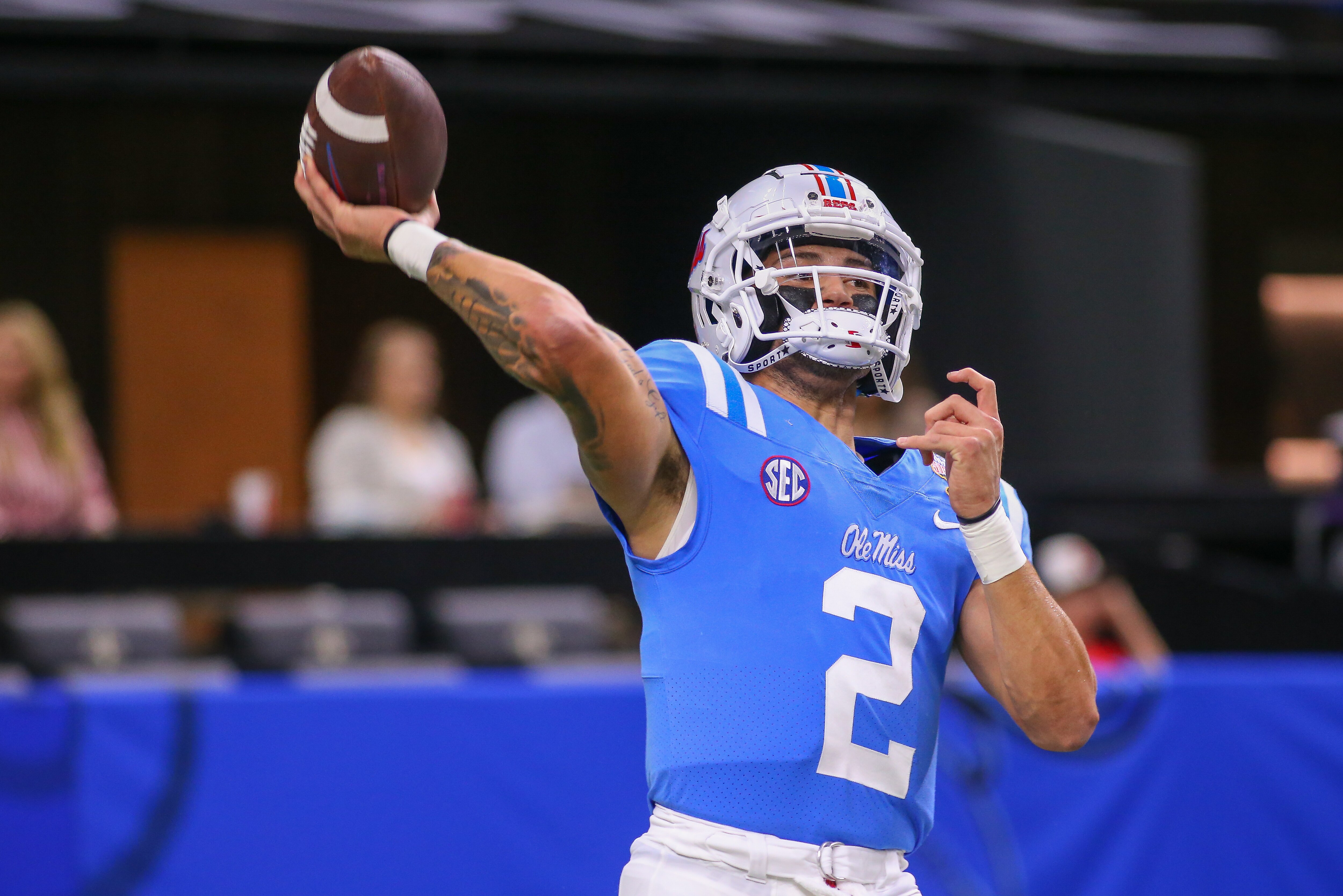 NEW ORLEANS, LA - JANUARY 01: Ole Miss Rebels quarterback Matt Corral (2) warms up before the Allstate Sugar Bowl between the Ole Miss Rebels and the Baylor Bears on January 1, 2022, at Caesars Superdome in New Orleans, LA. (Photo by Chris McDill/Icon Sportswire via Getty Images)