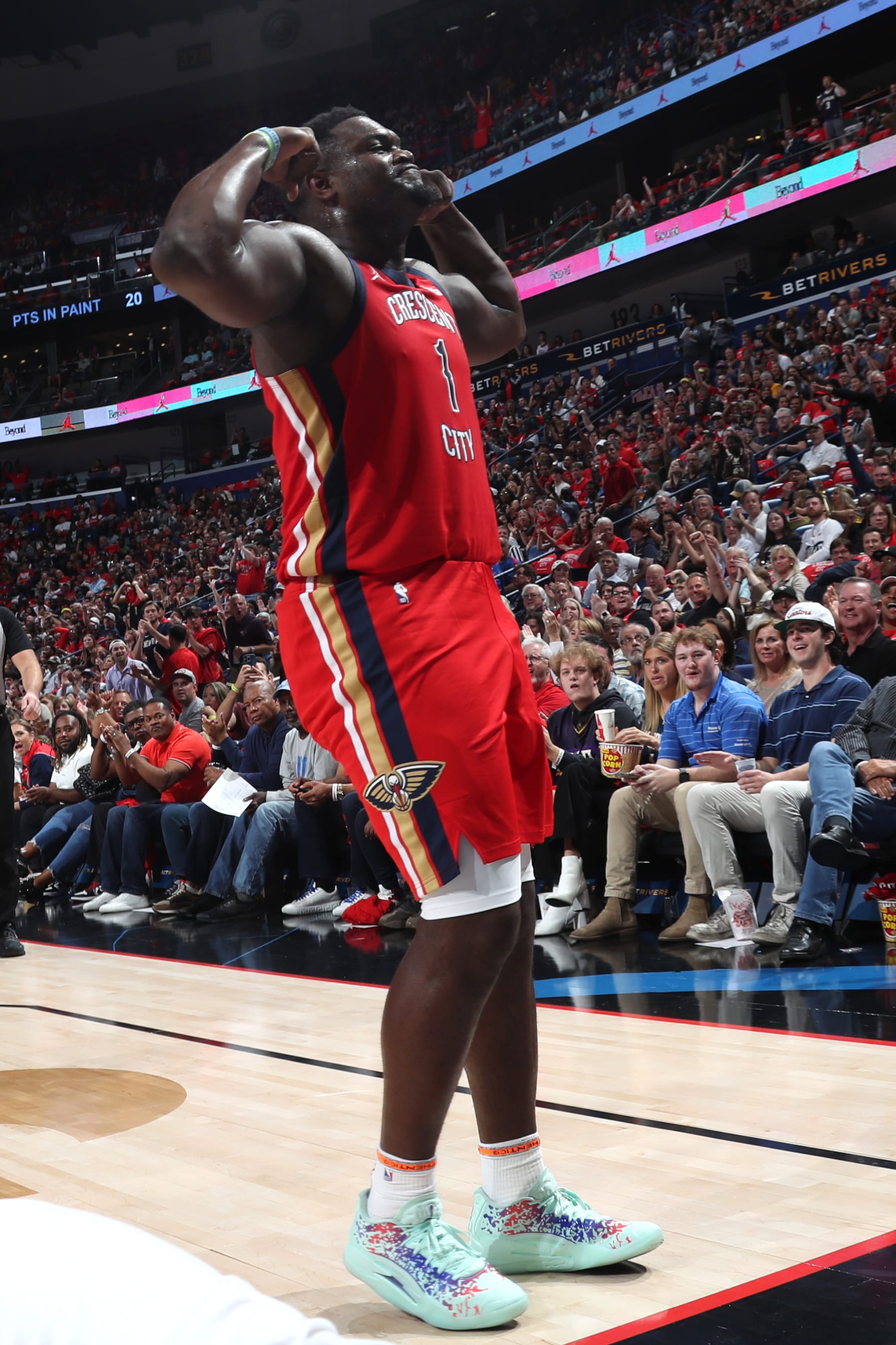 NEW ORLEANS, LA - OCTOBER 28: Zion Williamson #1 of the New Orleans Pelicans flexes during the game against the New York Knicks on October 28, 2023 at the Smoothie King Center in New Orleans, Louisiana. NOTE TO USER: User expressly acknowledges and agrees that, by downloading and or using this Photograph, user is consenting to the terms and conditions of the Getty Images License Agreement. Mandatory Copyright Notice: Copyright 2023 NBAE (Photo by Layne Murdoch Jr./NBAE via Getty Images)