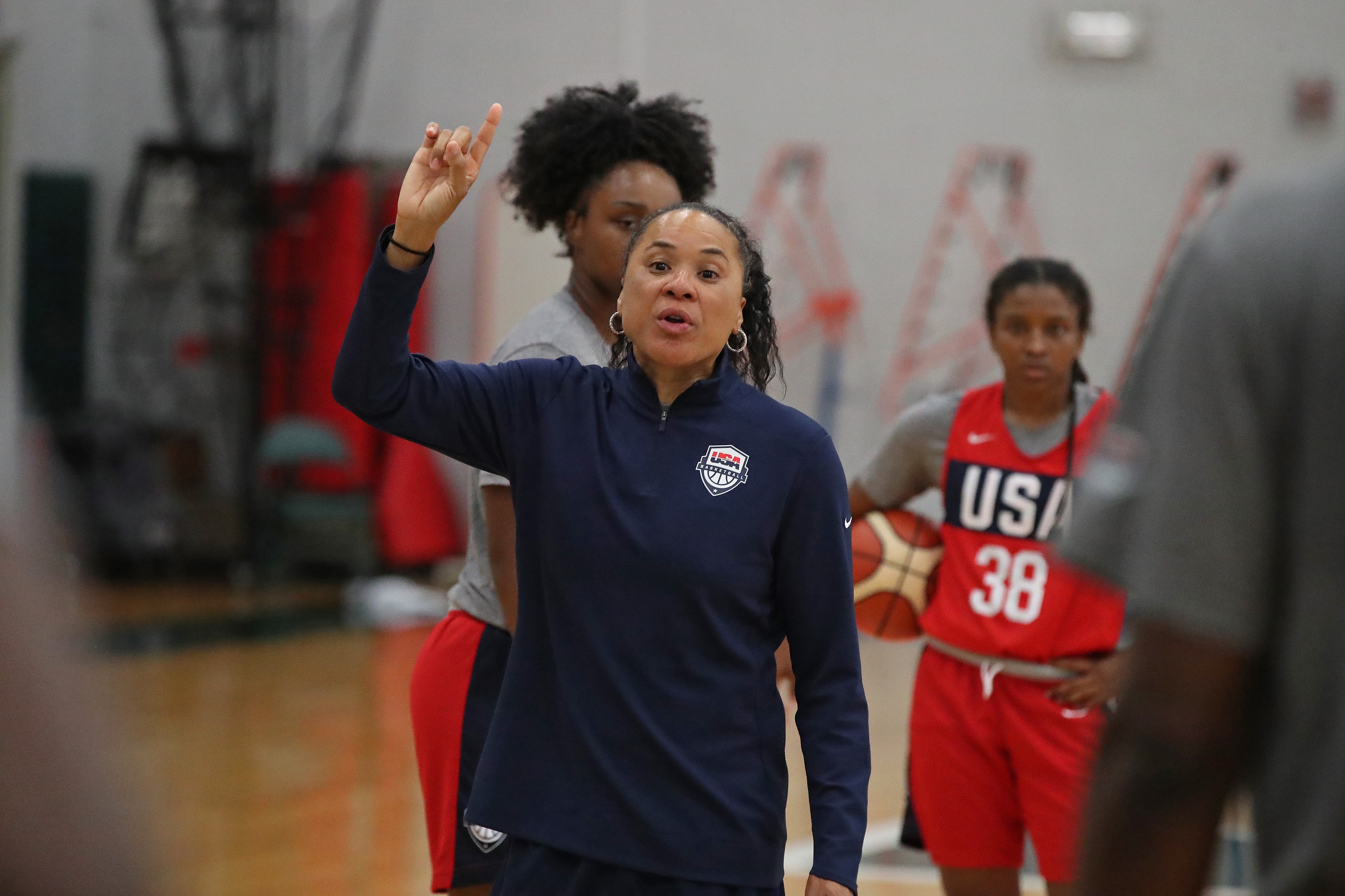 CORCAL GABLES, FL - SEPTEMBER 18: Head Coach Dawn Staley of Team USA makes a call during the Women's National Team Camp on September 18, 2019 at Watsco Center at University of Miami in Coral Gables, Florida. NOTE TO USER: User expressly acknowledges and agrees that, by downloading and/or using this photograph, user is consenting to the terms and conditions of the Getty Images License Agreement. Mandatory Copyright Notice: Copyright 2019 NBAE (Photo by Issac Baldizon/NBAE via Getty Images)