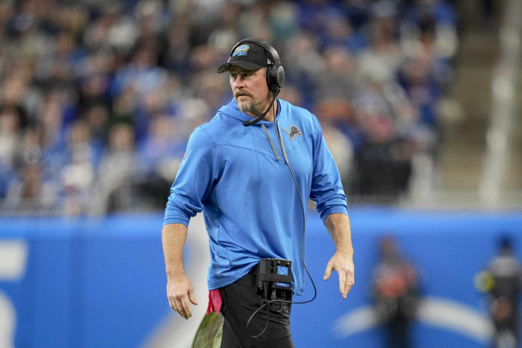 DETROIT, MICHIGAN - DECEMBER 04: Head coach Dan Campbell of the Detroit Lions looks on against the Jacksonville Jaguars at Ford Field on December 04, 2022 in Detroit, Michigan. (Photo by Nic Antaya/Getty Images)