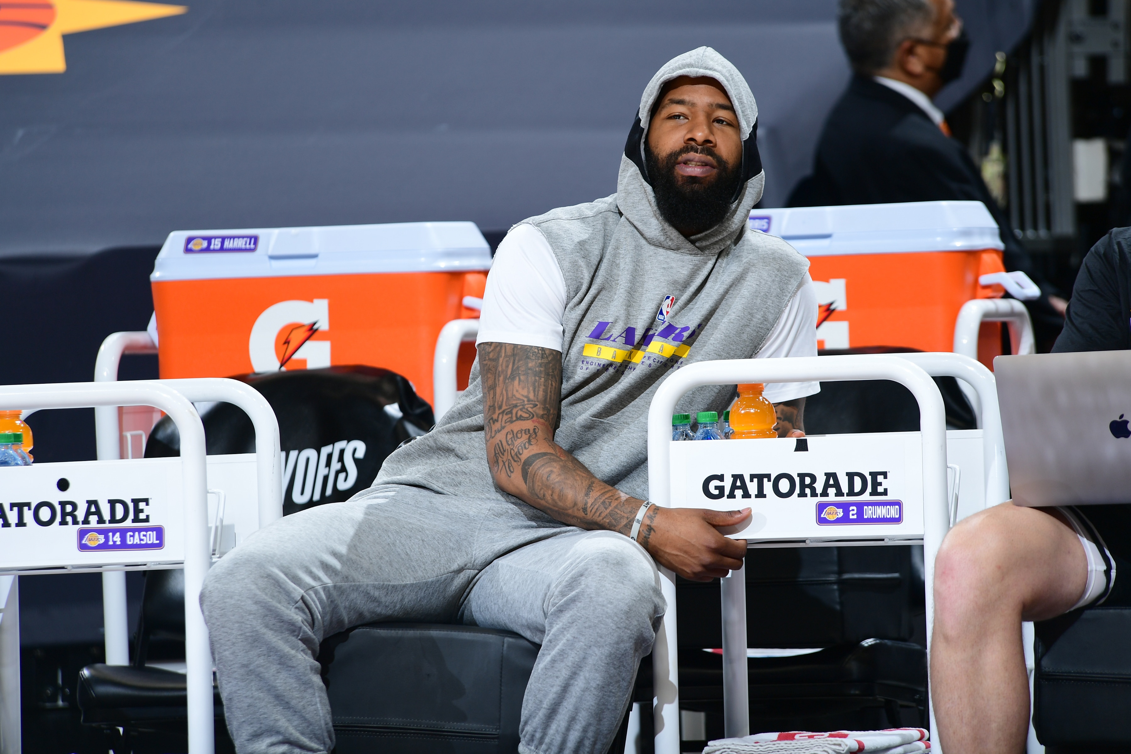 PHOENIX, AZ - JUNE 1:  Markieff Morris #88 of the Los Angeles Lakers looks on before the game against the Phoenix Suns during Round 1, Game 5 of the 2021 NBA Playoffs on June 1, 2021 at Phoenix Suns Arena in Phoenix, Arizona. NOTE TO USER: User expressly acknowledges and agrees that, by downloading and or using this photograph, user is consenting to the terms and conditions of the Getty Images License Agreement. Mandatory Copyright Notice: Copyright 2021 NBAE (Photo by Michael Gonzales/NBAE via Getty Images)