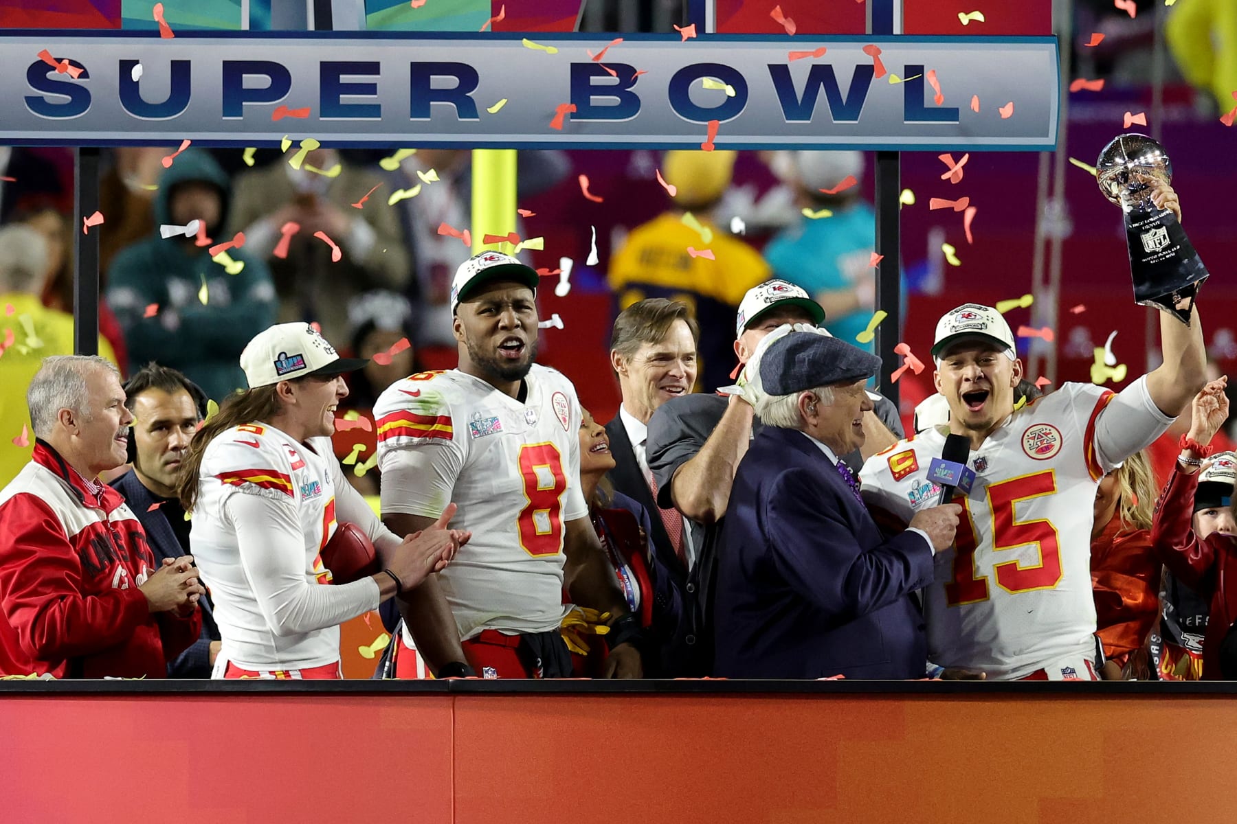 GLENDALE, ARIZONA - FEBRUARY 12: Patrick Mahomes #15 of the Kansas City Chiefs celebrates with the Vince Lombardi Trophy after the Kansas City Chiefs beat the Philadelphia Eagles in Super Bowl LVII at State Farm Stadium on February 12, 2023 in Glendale, Arizona. (Photo by Carmen Mandato/Getty Images)