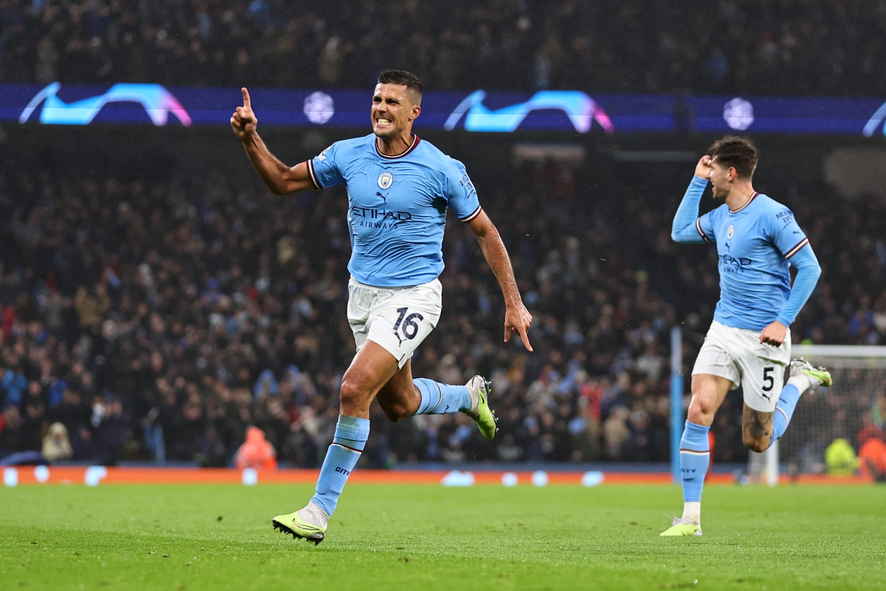 MANCHESTER, ENGLAND - APRIL 11: Rodri of Manchester City celebrates after scoring a goal to make it 1-0 during the UEFA Champions League quarterfinal first leg match between Manchester City and FC Bayern Munich at Etihad Stadium on April 11, 2023 in Manchester, United Kingdom. (Photo by Robbie Jay Barratt - AMA/Getty Images)