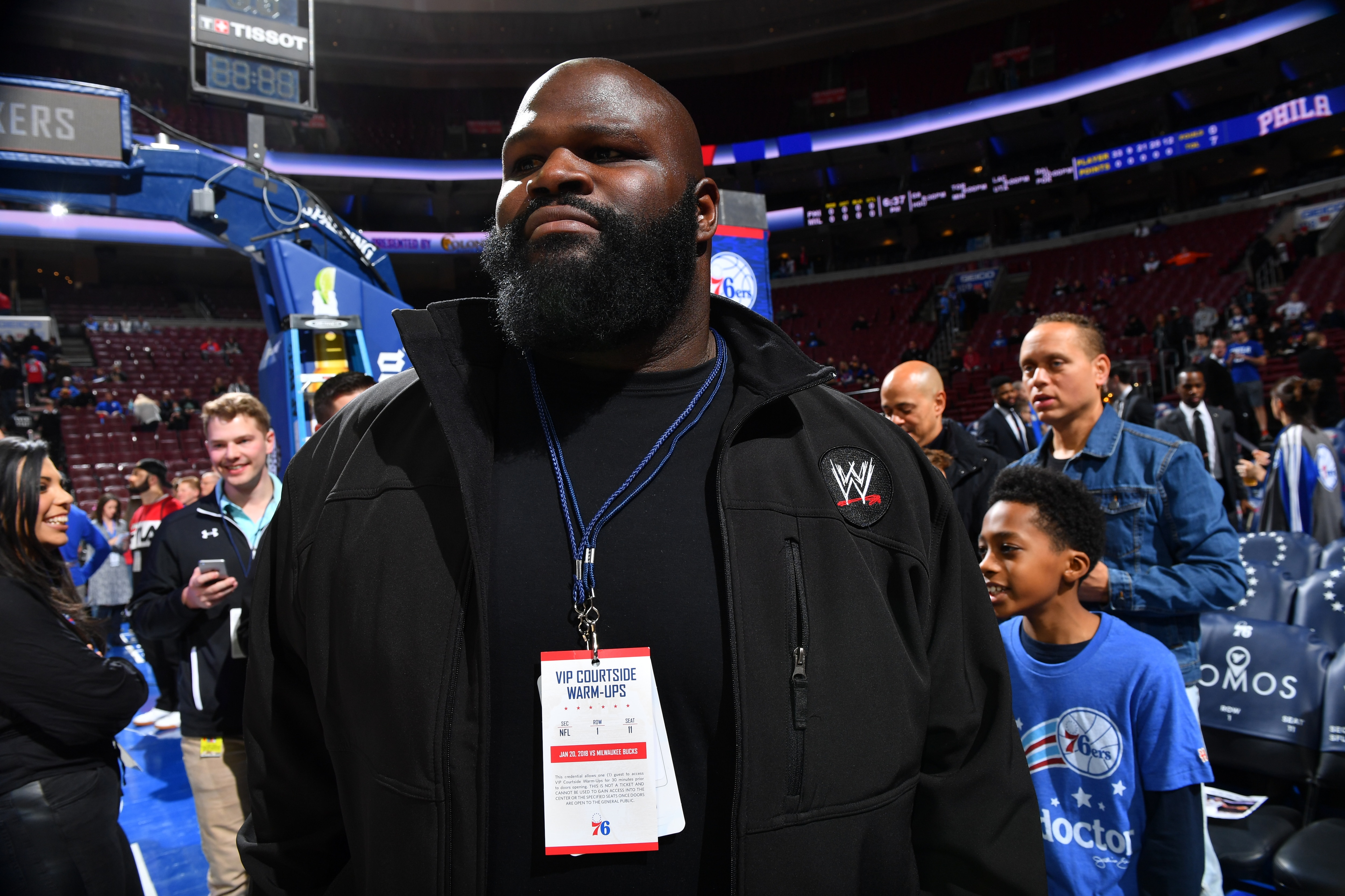 PHILADELPHIA,PA - JANUARY 20 : WWE Professional wressler and Powerlifter  Mark Henry looks on prior to the Philadelphia 76ers against the Milwaukee Bucks at Wells Fargo Center on January 20, 2018 in Philadelphia, Pennsylvania NOTE TO USER: User expressly acknowledges and agrees that, by downloading and/or using this Photograph, user is consenting to the terms and conditions of the Getty Images License Agreement. Mandatory Copyright Notice: Copyright 2018 NBAE (Photo by Jesse D. Garrabrant/NBAE via Getty Images)