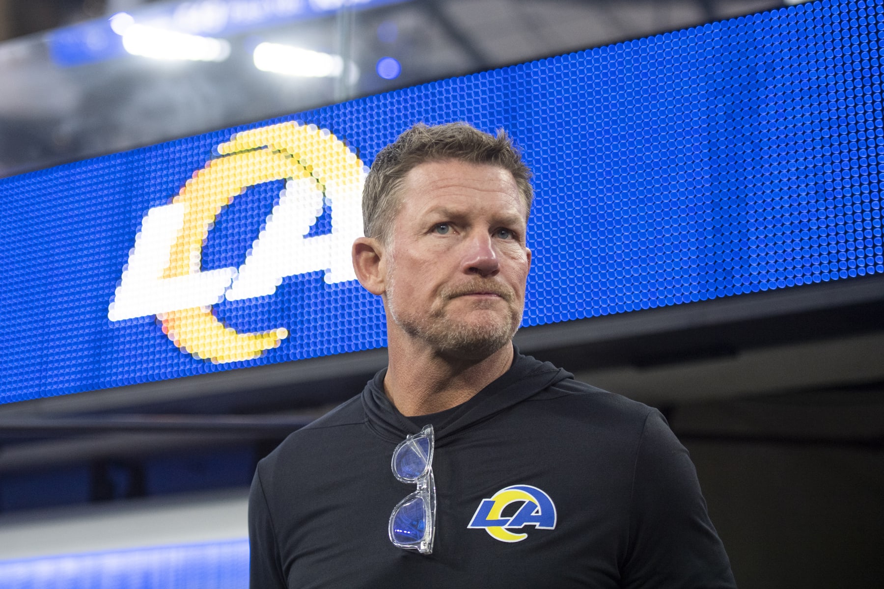 FILE - Los Angeles Rams general manager Les Snead walks on the field before an NFL football game against the Tennessee Titans on Sunday, Nov. 7, 2021, in Inglewood, Calif. Snead says anybody who thinks his Los Angeles Rams are a championship-or-bust machine is telling “a shallow story.” (AP Photo/Kyusung Gong, File)
