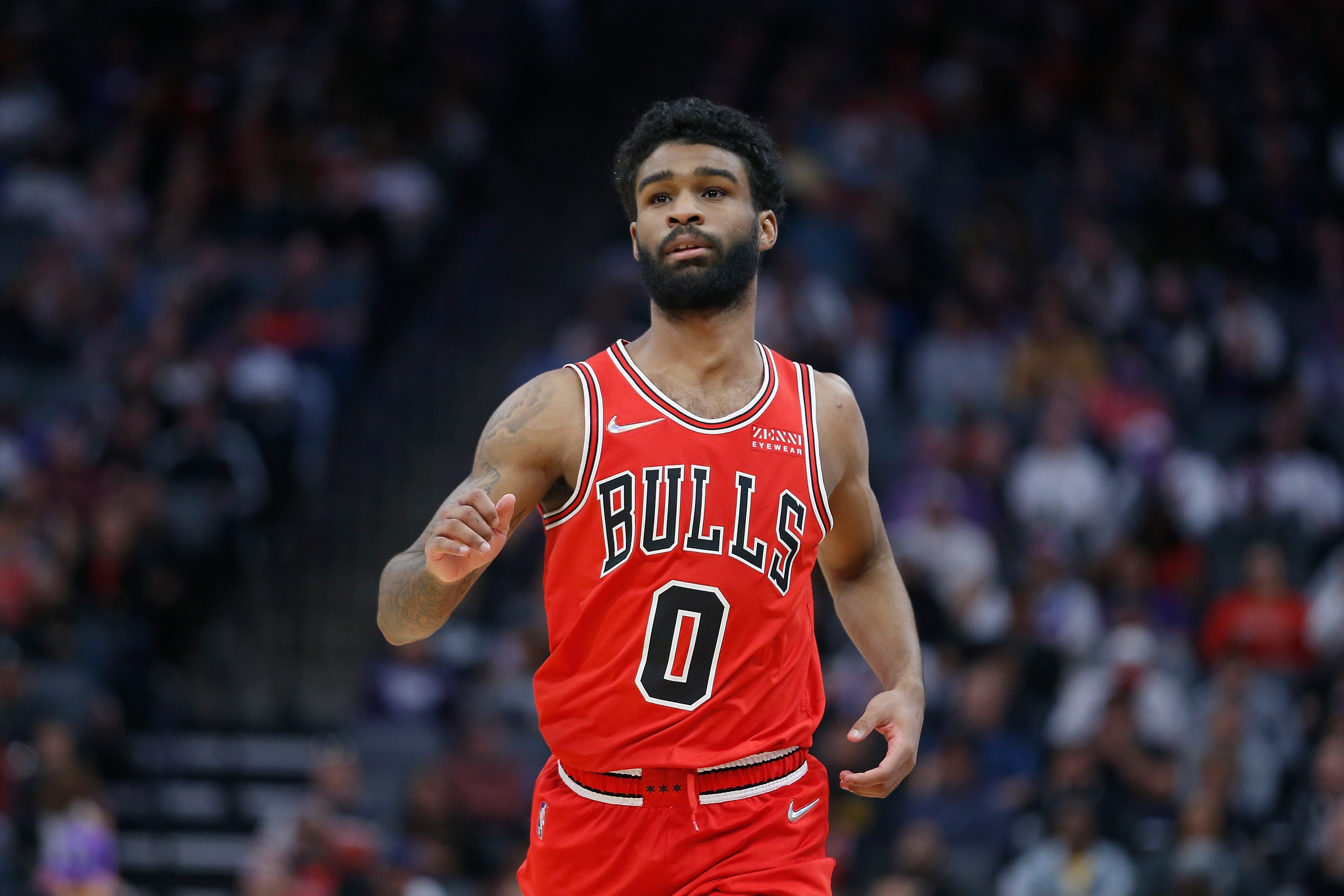 SACRAMENTO, CALIFORNIA - MARCH 14: Coby White #0 of the Chicago Bulls looks on during the game against the Sacramento Kings at Golden 1 Center on March 14, 2022 in Sacramento, California. NOTE TO USER: User expressly acknowledges and agrees that, by downloading and/or using this photograph, User is consenting to the terms and conditions of the Getty Images License Agreement. (Photo by Lachlan Cunningham/Getty Images)