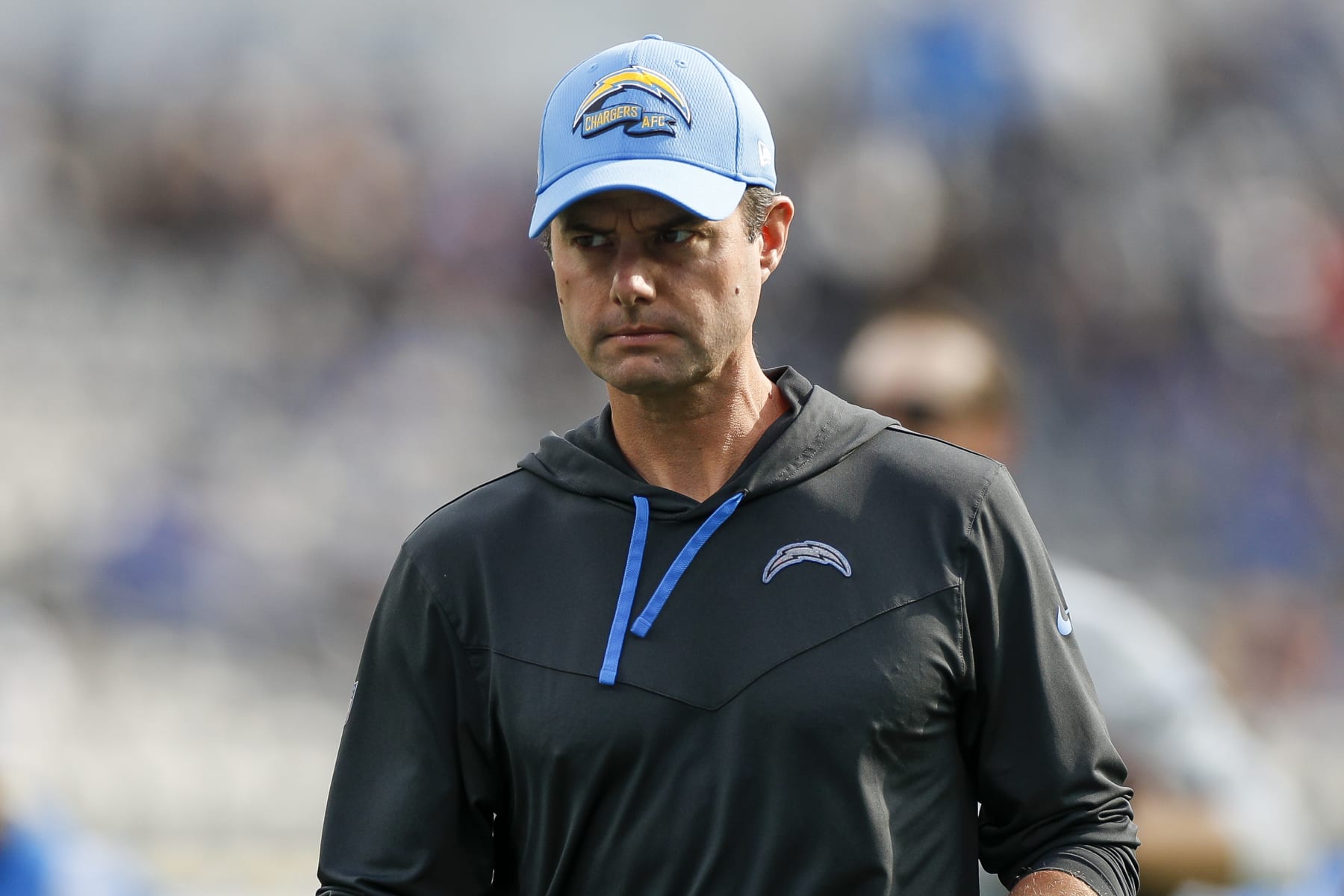 INGLEWOOD, CA - JANUARY 01: Los Angeles Chargers head coach Brandon Staley looks on during an NFL regular season game between the Los Angeles Rams and the Los Angeles Chargers on January 01, 2023, at SoFi Stadium in Inglewood, CA. (Photo by Brandon Sloter/Icon Sportswire via Getty Images)