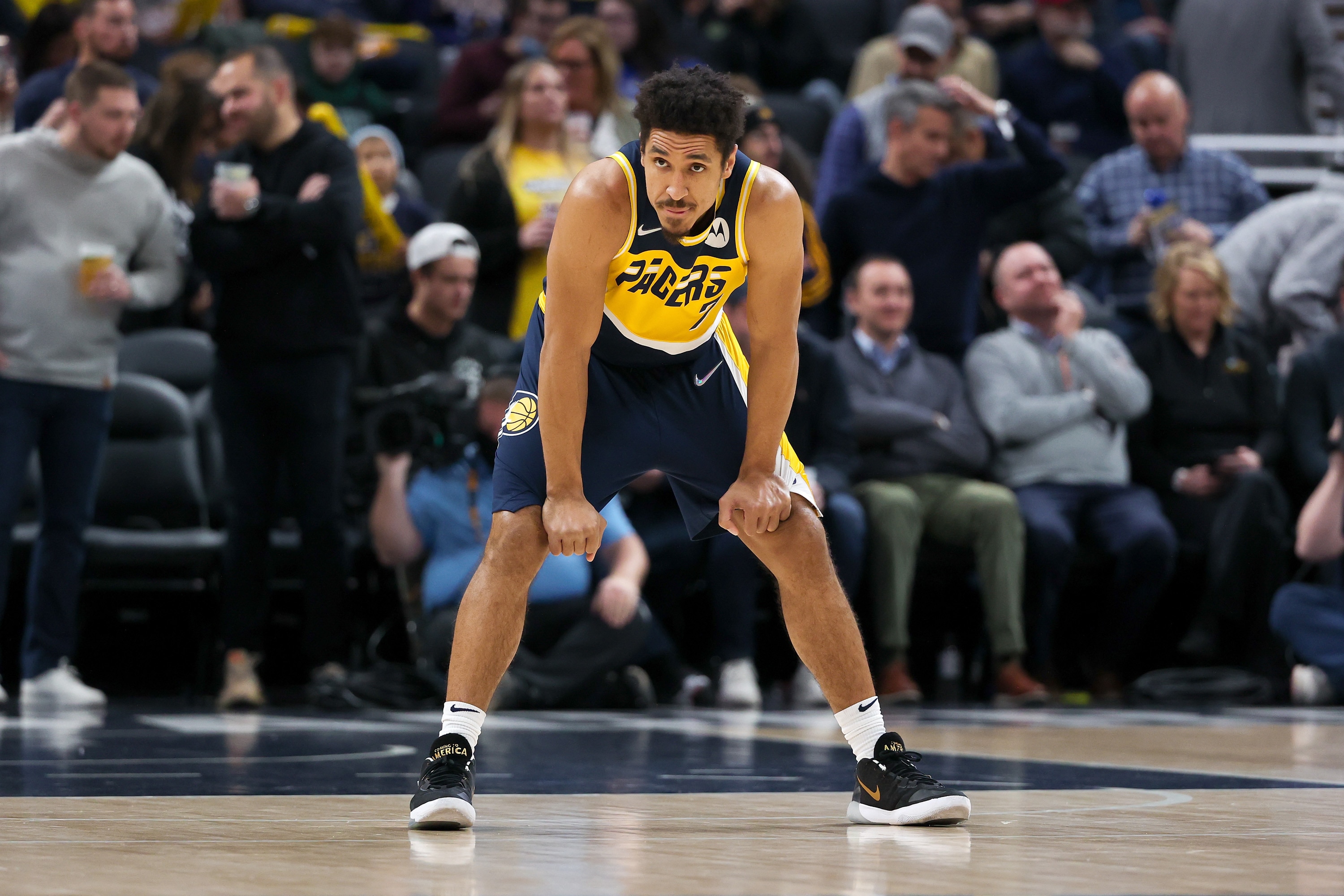 INDIANAPOLIS, INDIANA - JANUARY 12: Malcolm Brogdon #7 of the Indiana Pacers looks on before the game against the Boston Celtics at Gainbridge Fieldhouse on January 12, 2022 in Indianapolis, Indiana. NOTE TO USER: User expressly acknowledges and agrees that, by downloading and or using this Photograph, user is consenting to the terms and conditions of the Getty Images License Agreement. (Photo by Dylan Buell/Getty Images)