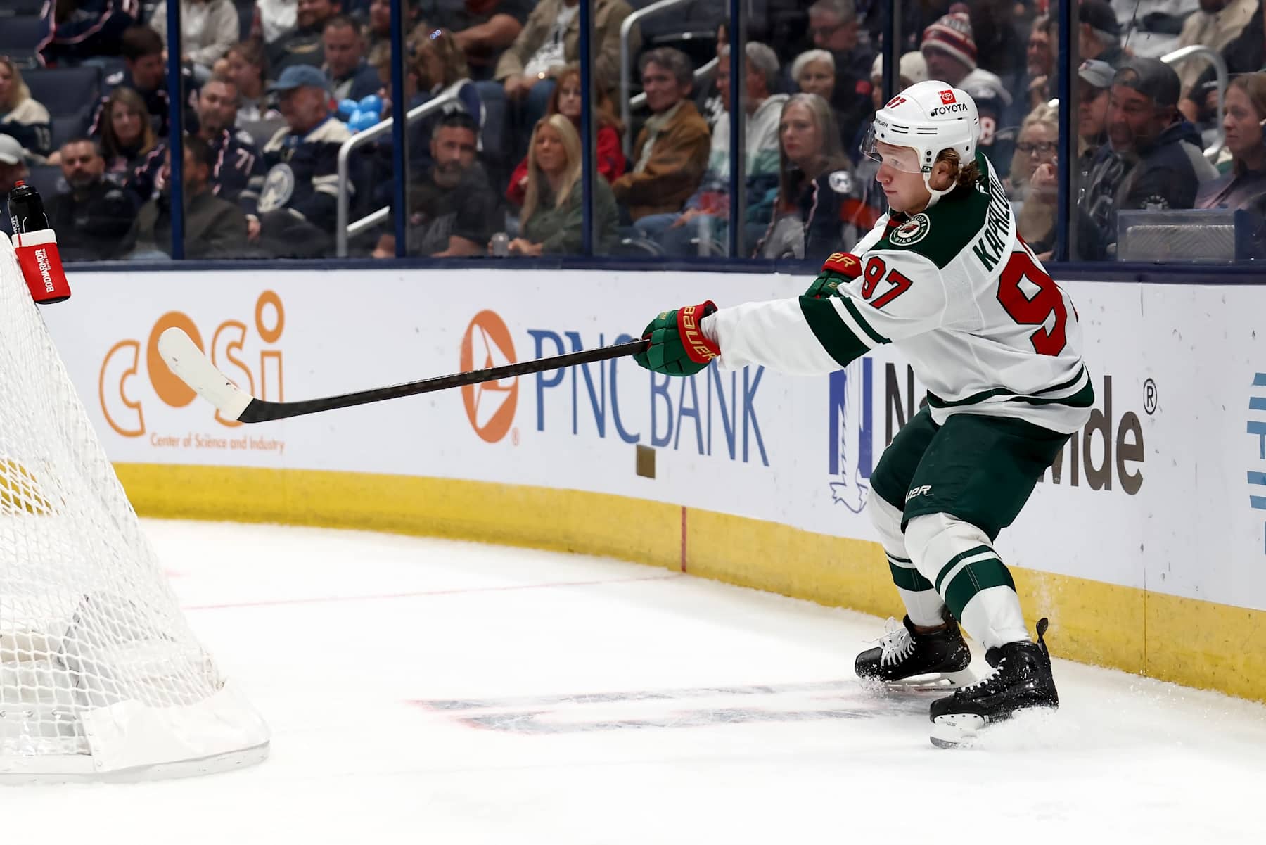 COLUMBUS, OHIO - OCTOBER 19:  Kirill Kaprizov #97 of the Minnesota Wild clears the puck during the game against the Columbus Blue Jackets at Nationwide Arena on October 19, 2024 in Columbus, Ohio. Minnesota defeated Columbus 3-1. (Photo by Kirk Irwin/NHLI via Getty Images)