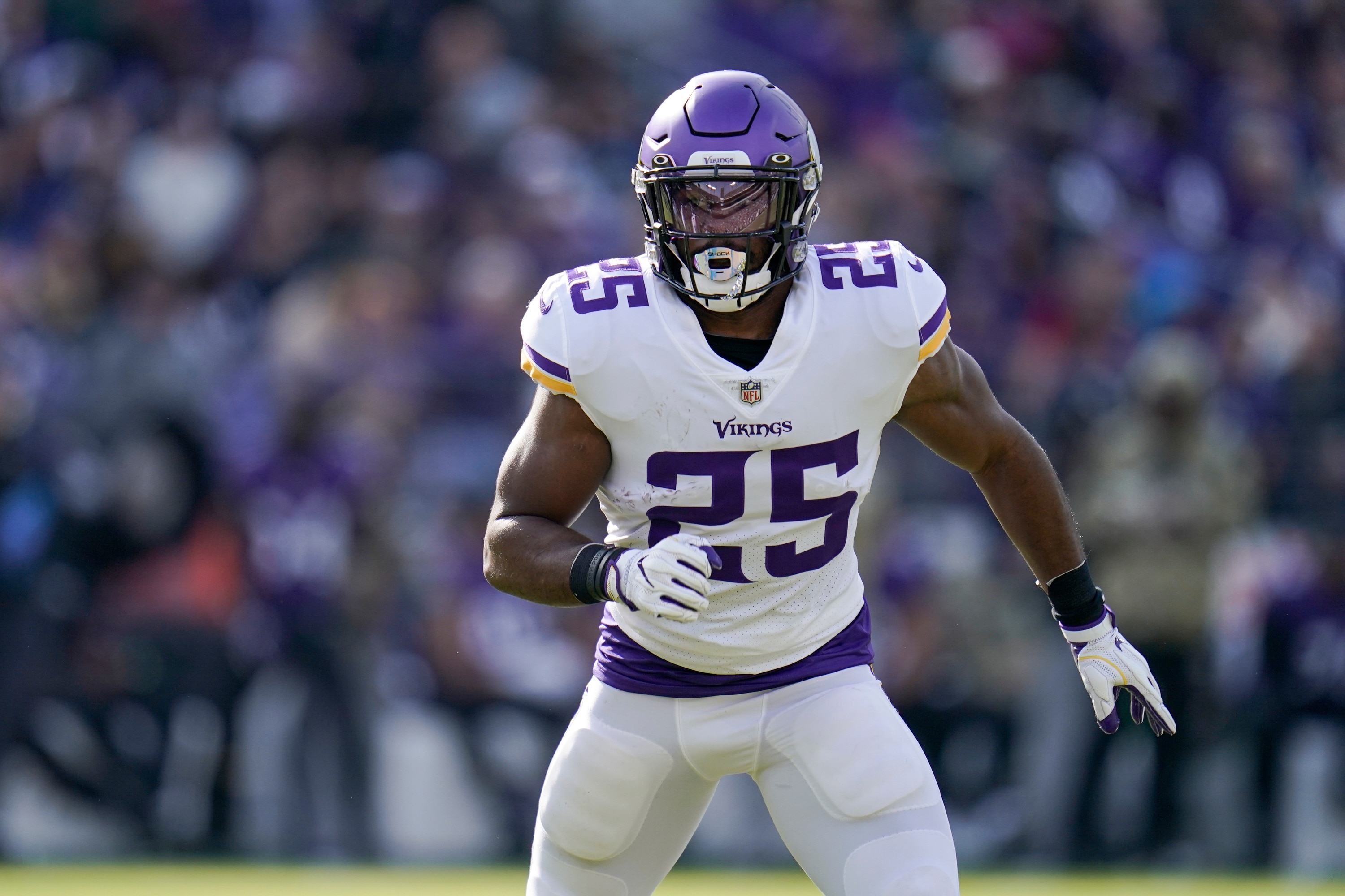 Minnesota Vikings running back Alexander Mattison participates on a play against the Baltimore Ravens during the first half of an NFL football game, Sunday, Nov. 7, 2021, in Baltimore. (AP Photo/Julio Cortez)