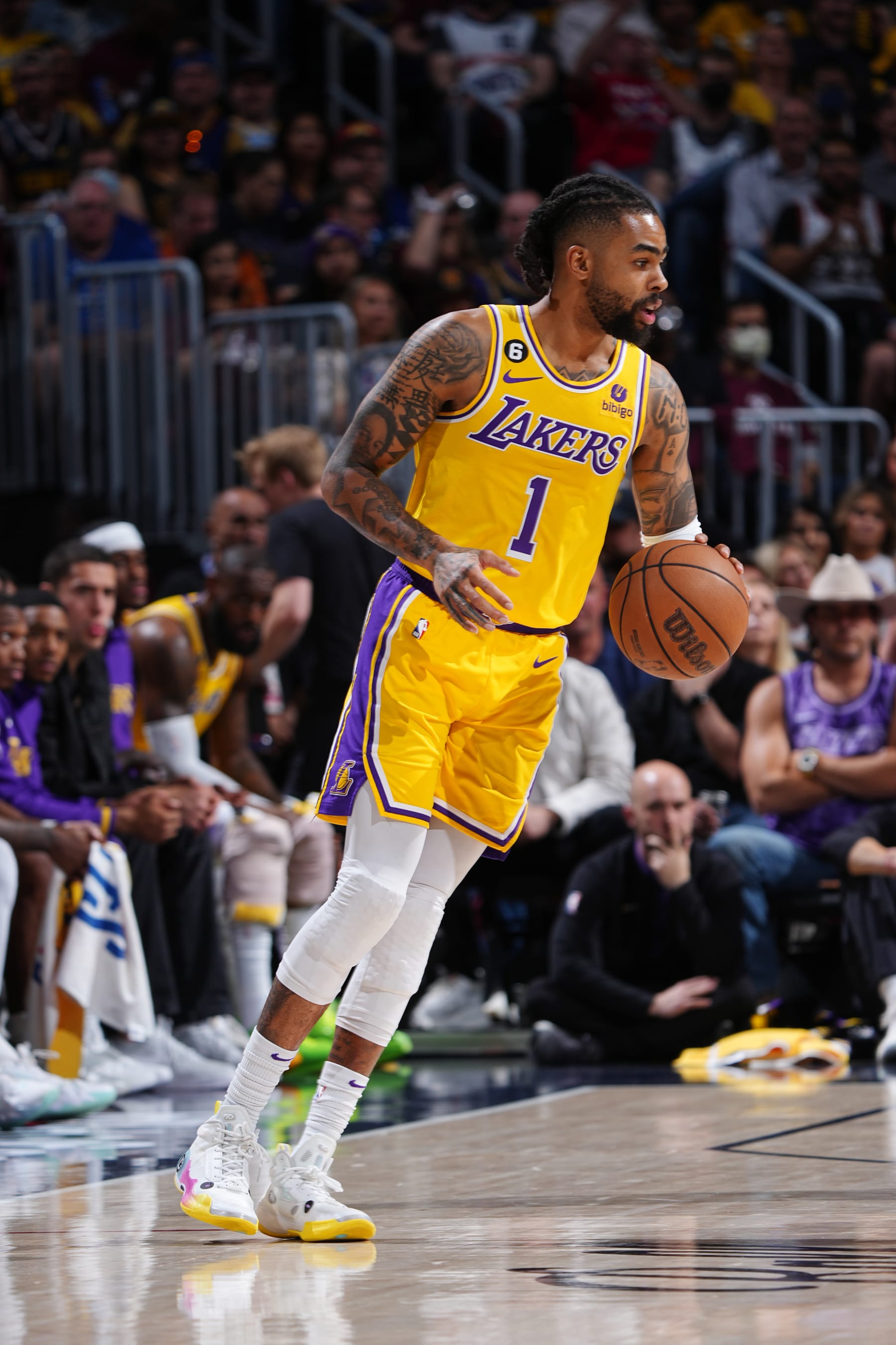 DENVER, CO -  MAY 16: D'Angelo Russell #1 of the Los Angeles Lakers dribbles the ball during Round 3 Game 1 of the Western Conference Finals 2023 NBA Playoffs against the Denver Nuggets on May 16, 2023 at the Ball Arena in Denver, Colorado. NOTE TO USER: User expressly acknowledges and agrees that, by downloading and/or using this Photograph, user is consenting to the terms and conditions of the Getty Images License Agreement. Mandatory Copyright Notice: Copyright 2023 NBAE (Photo by Garrett Ellwood/NBAE via Getty Images)