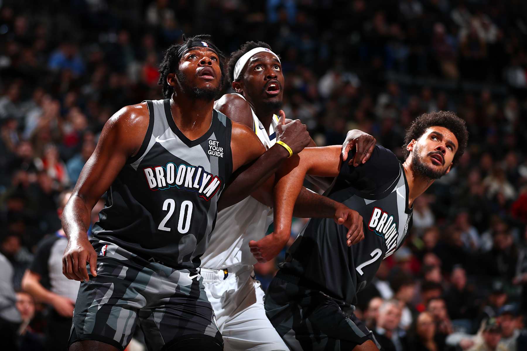 BROOKLYN, NY - DECEMBER 4: Day'Ron Sharpe #20 and Cameron Johnson #2 of the Brooklyn Nets box out during the game against the Indiana Pacers on December 4, 2024 at Barclays Center in Brooklyn, New York. NOTE TO USER: User expressly acknowledges and agrees that, by downloading and or using this Photograph, user is consenting to the terms and conditions of the Getty Images License Agreement. Mandatory Copyright Notice: Copyright 2024 NBAE (Photo by David L. Nemec/NBAE via Getty Images)