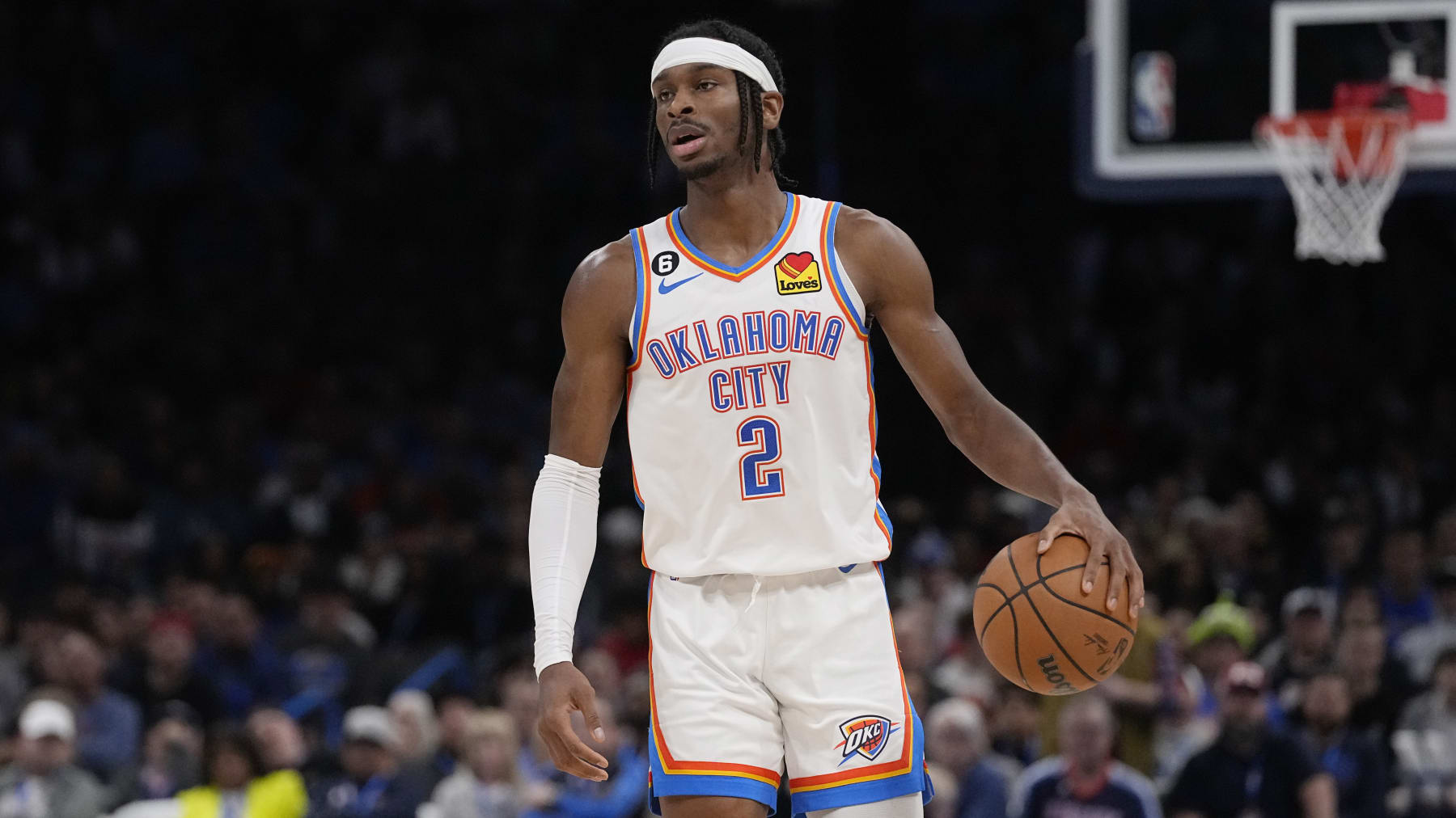 Oklahoma City Thunder guard Shai Gilgeous-Alexander (2) during an NBA basketball game against the Denver Nuggets, Wednesday, Nov. 23, 2022, in Oklahoma City. (AP Photo/Sue Ogrocki)