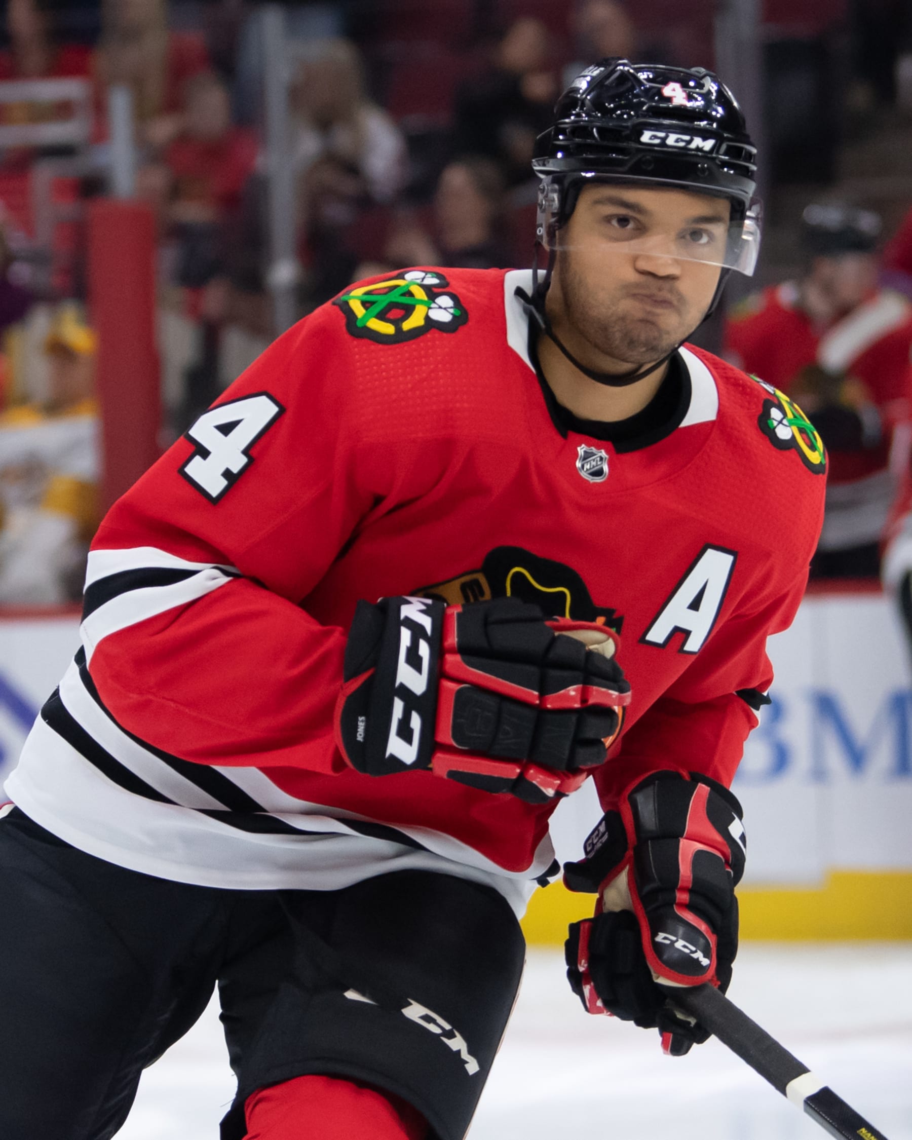 CHICAGO, IL - MARCH 04: Chicago Blackhawks defenseman Seth Jones (4) during a game between the Chicago Blackhawks and the Nashville Predators on March 4, 2023, at the United Center in Chicago, IL. (Photo by Patrick Gorski/Icon Sportswire via Getty Images)