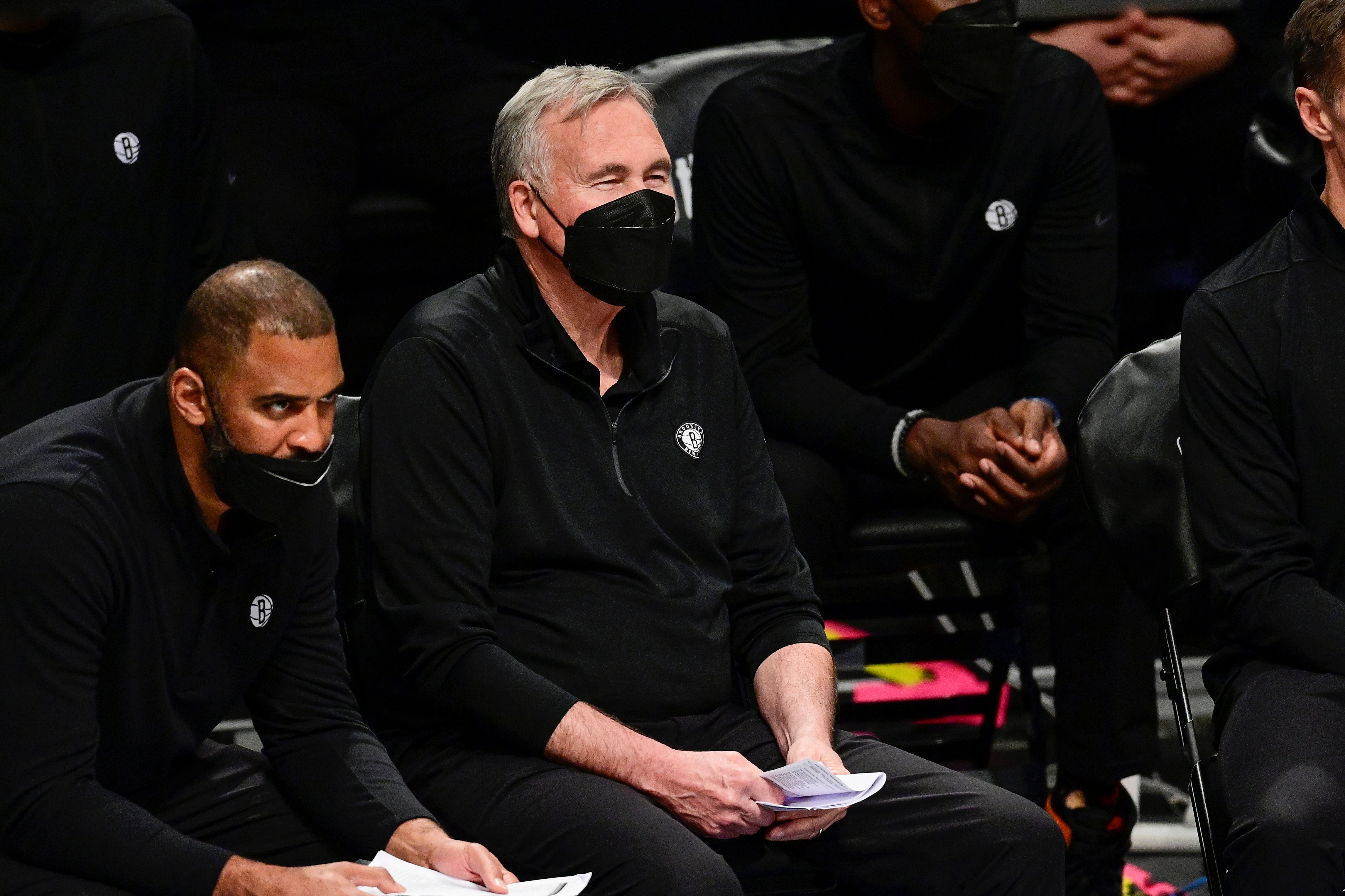 NEW YORK, NEW YORK - MAY 25:  Assistant coach Mike D’Antoni
of the Brooklyn Nets looks on against the Boston Celtics in Game Two of the First Round of the 2021 NBA Playoffs at Barclays Center on May 25, 2021 in New York City. NOTE TO USER: User expressly acknowledges and agrees that, by downloading and or using this photograph, User is consenting to the terms and conditions of the Getty Images License Agreement. (Photo by Steven Ryan/Getty Images)
