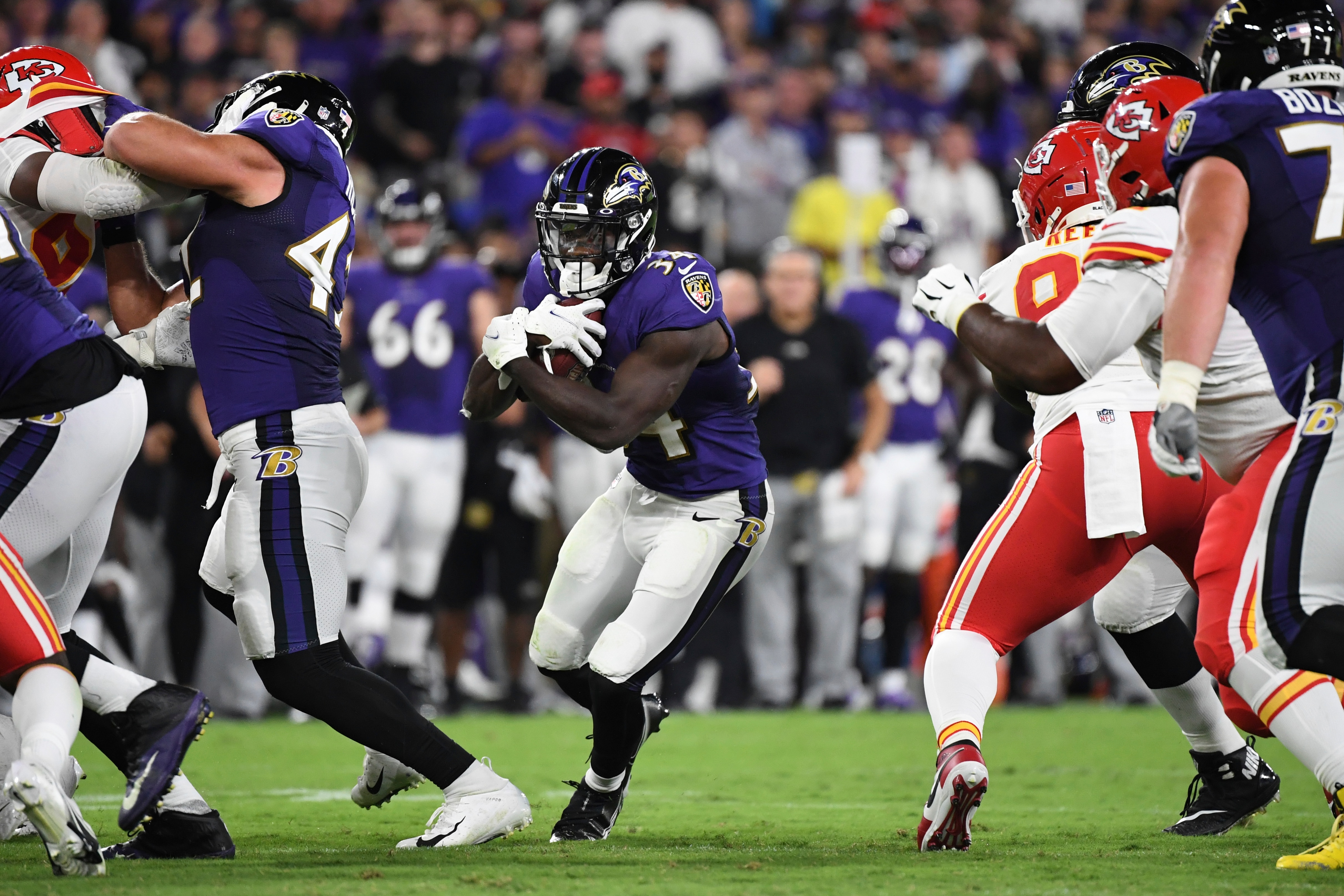 Baltimore Ravens running back Ty'Son Williams (34) runs the ball during the first half of an NFL football game against the Kansas City Chiefs, Sunday, Sept. 19, 2021, in Baltimore. (AP Photo/Terrance Williams)