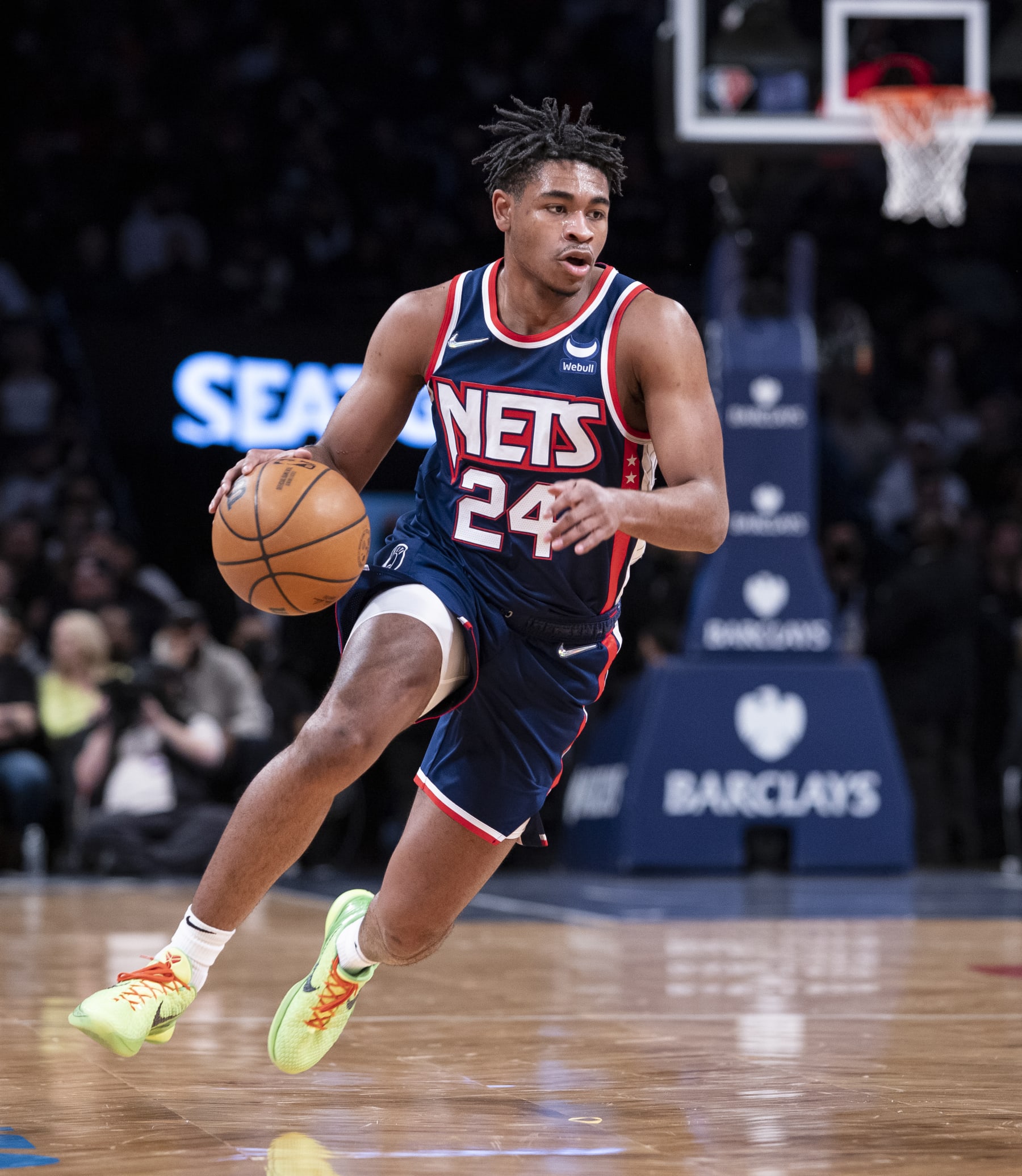 NEW YORK, NEW YORK - MARCH 3: Cam Thomas #24 of the Brooklyn Nets takes the ball down the court against the Miami Heat at Barclays Center on March 3, 2022 in the Brooklyn borough of New York City. NOTE TO USER: User expressly acknowledges and agrees that, by downloading and or using this photograph, User is consenting to the terms and conditions of the Getty Images License Agreement. (Photo by Michelle Farsi/Getty Images)