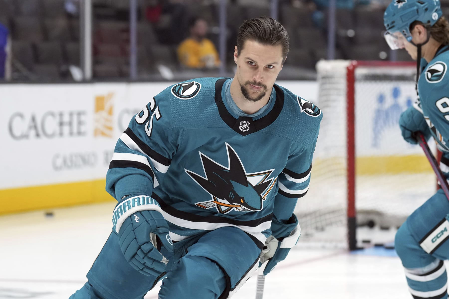 San Jose Sharks defenseman Erik Karlsson warms up before an NHL hockey game against the Nashville Predators Thursday, Feb. 23, 2023, in San Jose, Calif. (AP Photo/Darren Yamashita)