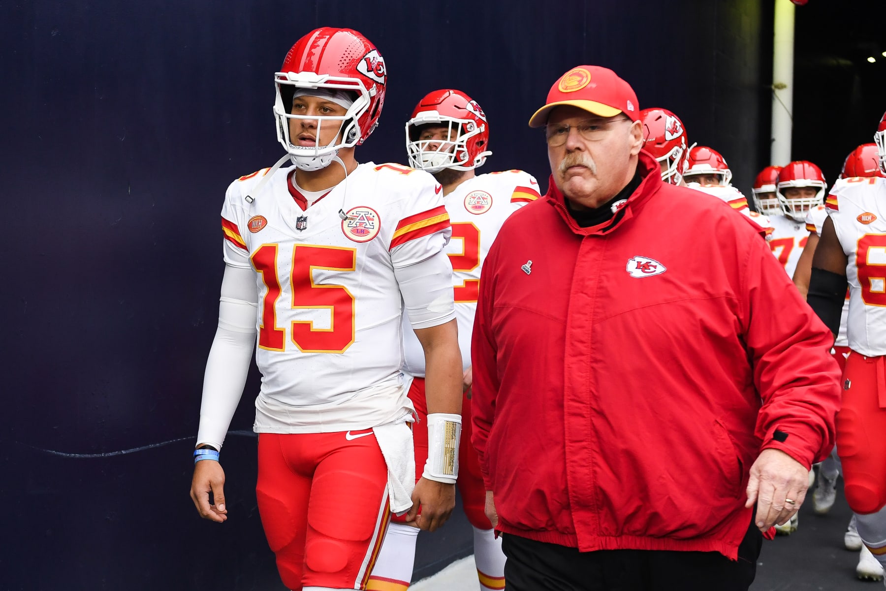 FOXBORO, MA - DECEMBER 17: Patrick Mahomes #15 and Andy Reid of the Kansas City Chiefs walk onto the field prior to the start of the game against the New England Patriots at Gillette Stadium on December 17, 2023 in Foxboro, Massachusetts. (Photo by Kathryn Riley/Getty Images)