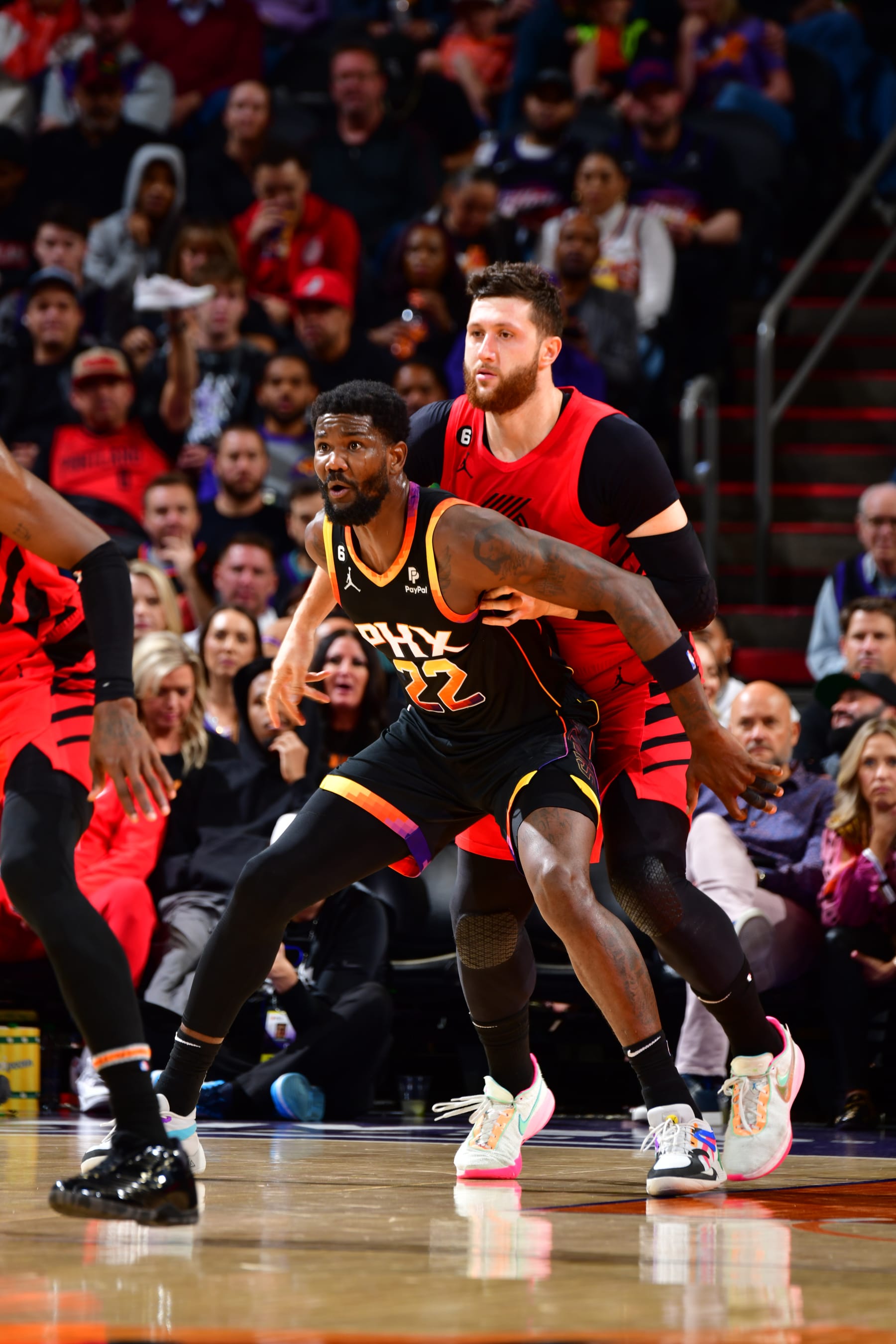 PHOENIX, AZ - NOVEMBER 4: Deandre Ayton #22 of the Phoenix Suns plays defense on Jusuf Nurkic #27 of the Portland Trail Blazers during the game on November 4, 2022 at Footprint Center in Phoenix, Arizona. NOTE TO USER: User expressly acknowledges and agrees that, by downloading and or using this photograph, user is consenting to the terms and conditions of the Getty Images License Agreement. Mandatory Copyright Notice: Copyright 2022 NBAE (Photo by Barry Gossage/NBAE via Getty Images)
