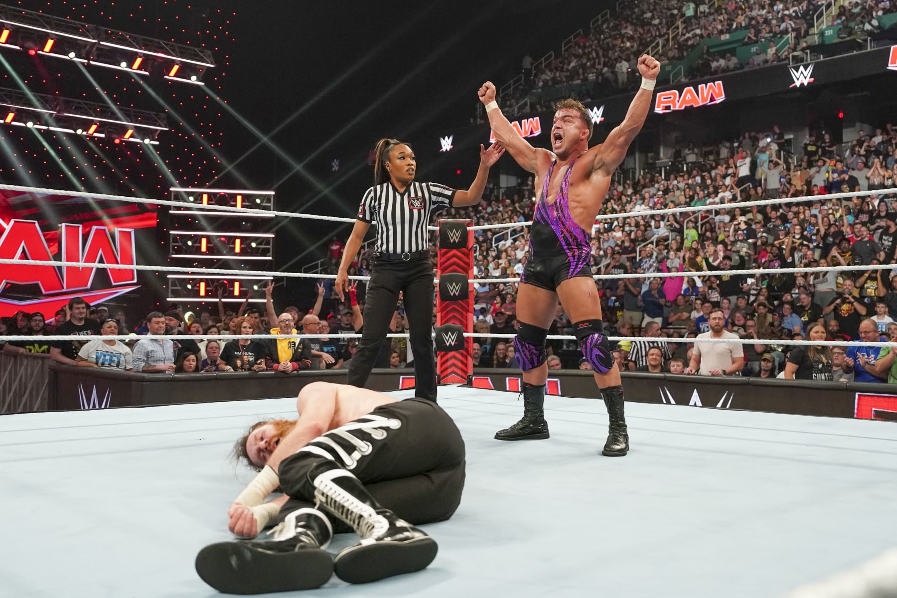 GREENSBORO, NORTH CAROLINA - MAY 20: Chad Gable Wins Match against Sami Zayn during Monday Night RAW at Greensboro Coliseum Complex on May 20, 2024 in Greensboro, North Carolina.  (Photo by WWE/Getty Images)