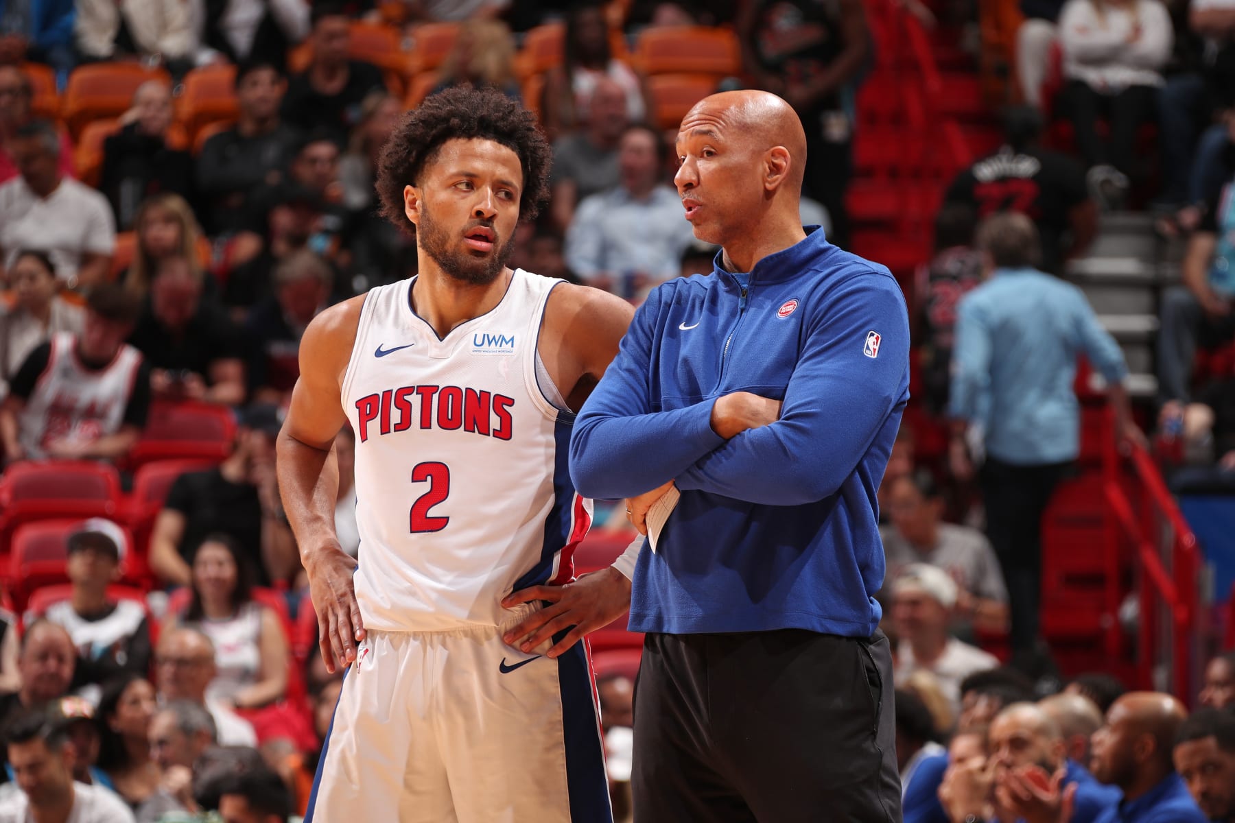 MIAMI, FL - MARCH 5: Cade Cunningham #2 and Head Coach Monty Williams of the Detroit Pistons talk during the game against the Miami Heat on March 5, 2024 at Kaseya Center in Miami, Florida. NOTE TO USER: User expressly acknowledges and agrees that, by downloading and or using this Photograph, user is consenting to the terms and conditions of the Getty Images License Agreement. Mandatory Copyright Notice: Copyright 2024 NBAE (Photo by Issac Baldizon/NBAE via Getty Images)