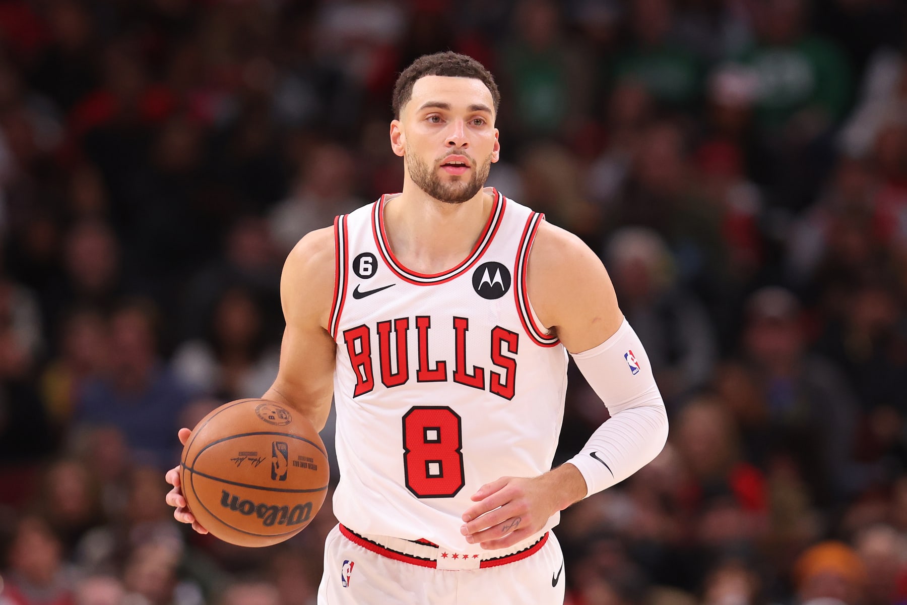 CHICAGO, ILLINOIS - NOVEMBER 21: Zach LaVine #8 of the Chicago Bulls dribbles up the court against the Boston Celtics during the second half at United Center on November 21, 2022 in Chicago, Illinois. NOTE TO USER: User expressly acknowledges and agrees that, by downloading and or using this photograph, User is consenting to the terms and conditions of the Getty Images License Agreement.  (Photo by Michael Reaves/Getty Images)