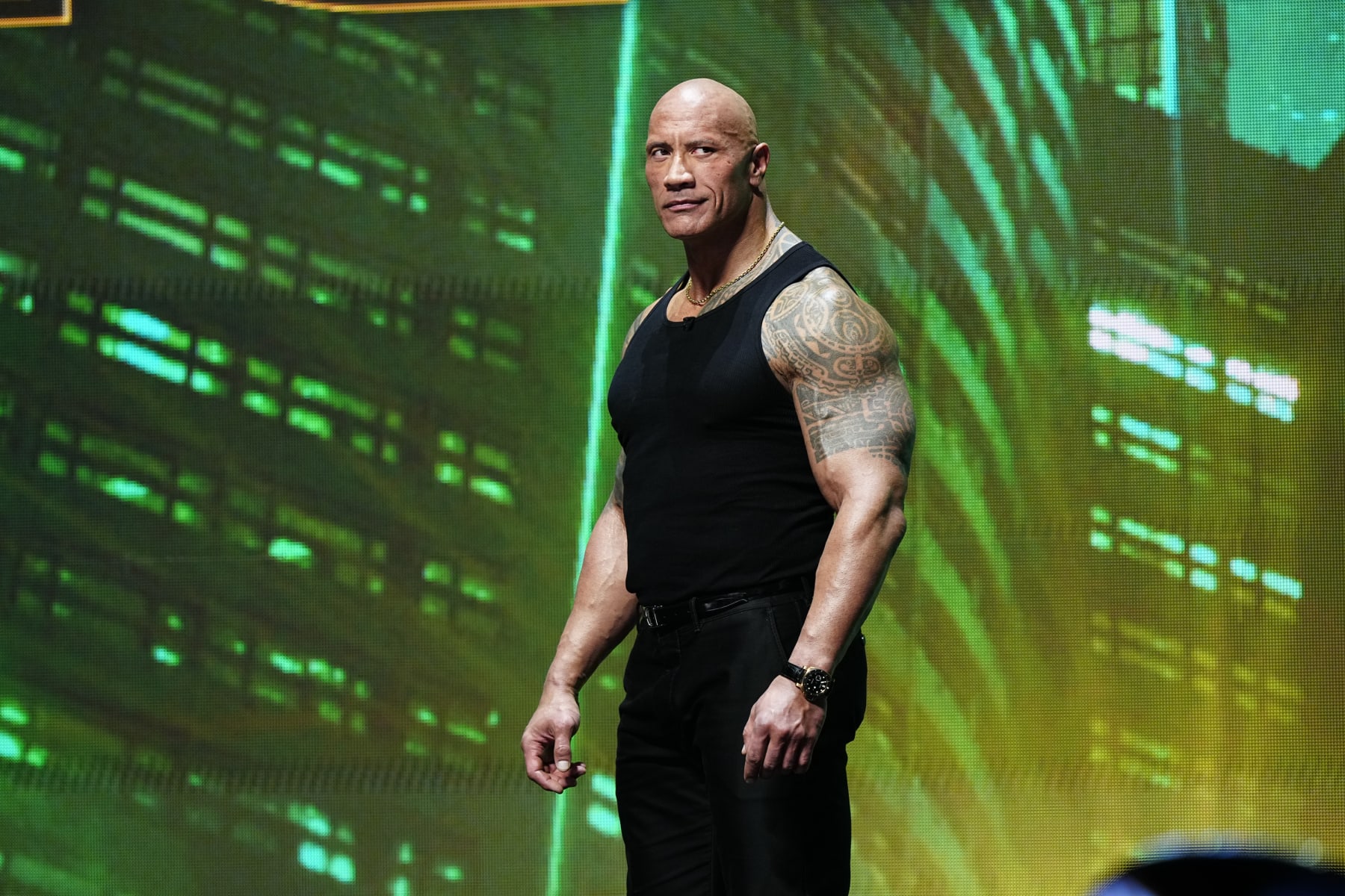 LAS VEGAS, NV - FEBRUARY 08:  Dwayne "The Rock" Johnson during the WWE Wrestlemania XL Kickoff on February 08, 2024, at T-Mobile Arena in Las Vegas, NV. (Photo by Louis Grasse/PXimages/Icon Sportswire via Getty Images)