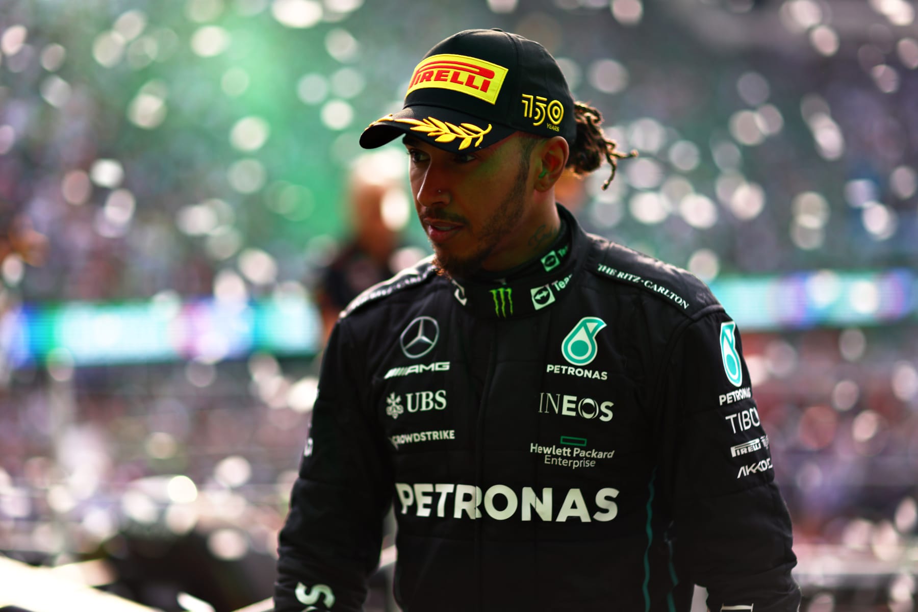 MEXICO CITY, MEXICO - OCTOBER 30: Second placed Lewis Hamilton of Great Britain and Mercedes celebrates on the podium during the F1 Grand Prix of Mexico at Autodromo Hermanos Rodriguez on October 30, 2022 in Mexico City, Mexico. (Photo by Dan Istitene - Formula 1/Formula 1 via Getty Images)