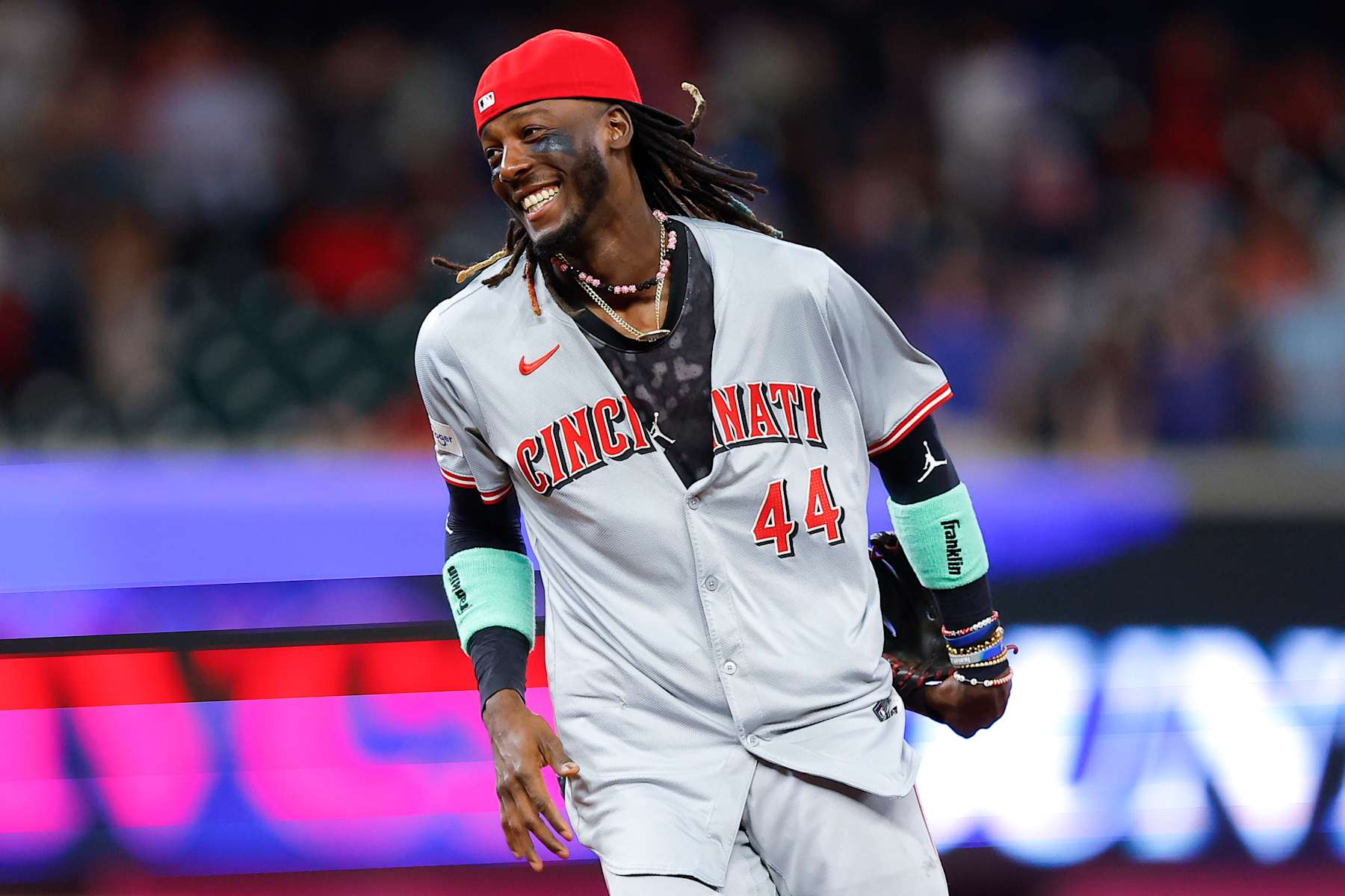 ATLANTA, GEORGIA - SEPTEMBER 9: Elly De La Cruz #44 of the Cincinnati Reds reacts following the Reds 1-0 victory over the Atlanta Braves at Truist Park on September 9, 2024 in Atlanta, Georgia. (Photo by Todd Kirkland/Getty Images)