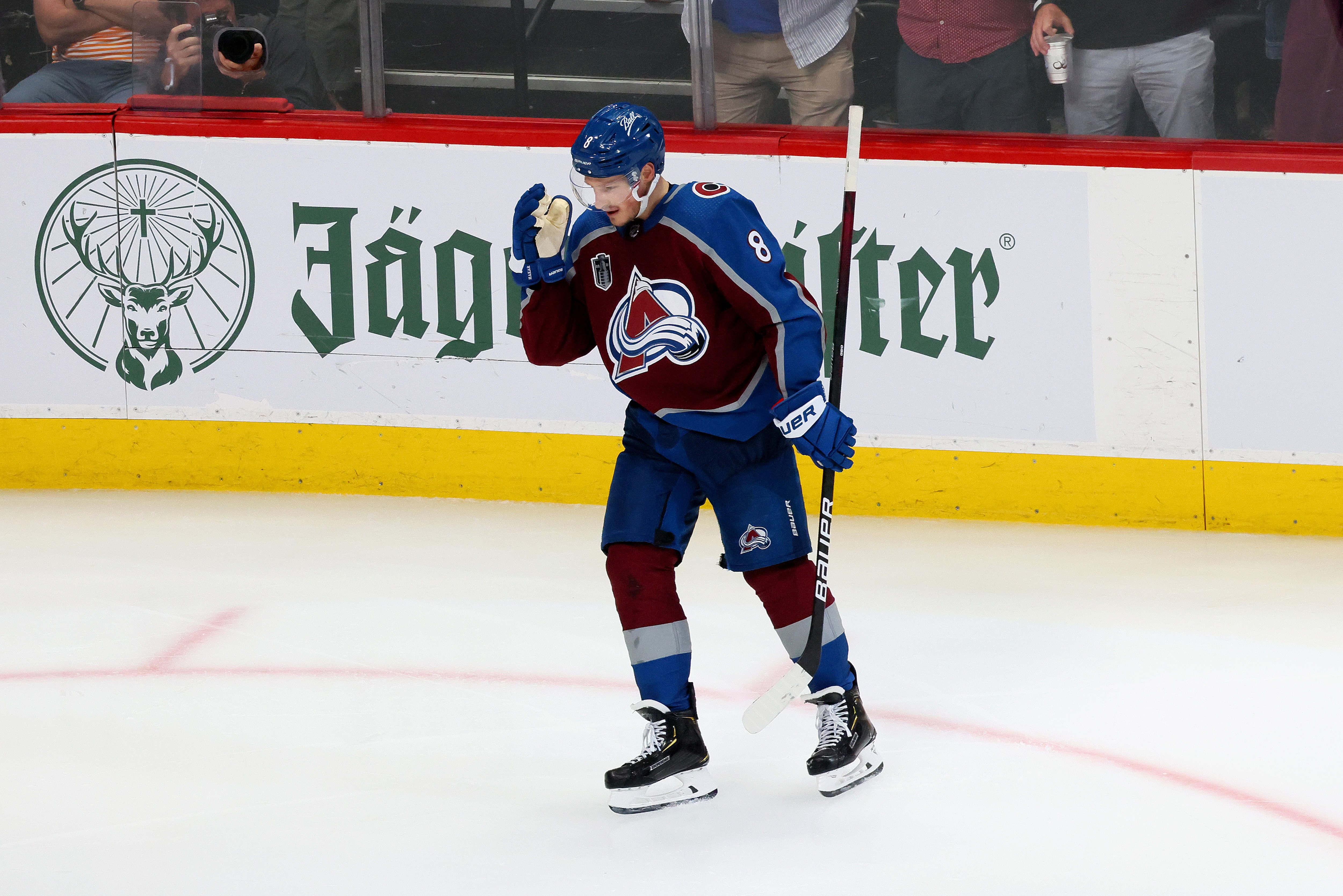 DENVER, COLORADO - JUNE 18: Cale Makar #8 of the Colorado Avalanche celebrates scoring a goal during the third period in Game Two of the 2022 NHL Stanley Cup Final against the Tampa Bay Lightning at Ball Arena on June 18, 2022 in Denver, Colorado. (Photo by Bruce Bennett/Getty Images)