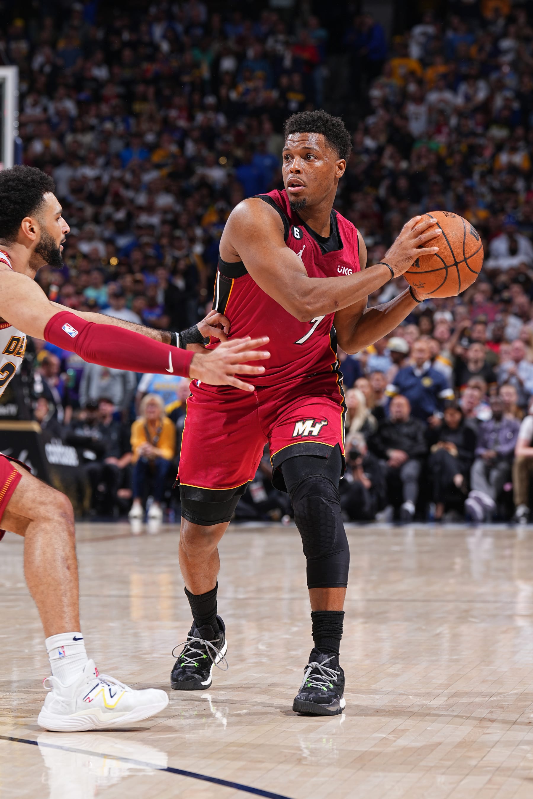 DENVER, CO - JUNE 12: Kyle Lowry #7 of the Miami Heat passes the ball against the Denver Nuggets during Game Five of the 2023 NBA Finals on June 12, 2023 at Ball Arena in Denver, Colorado. NOTE TO USER: User expressly acknowledges and agrees that, by downloading and or using this Photograph, user is consenting to the terms and conditions of the Getty Images License Agreement. Mandatory Copyright Notice: Copyright 2023 NBAE (Photo by Garrett Ellwood/NBAE via Getty Images)