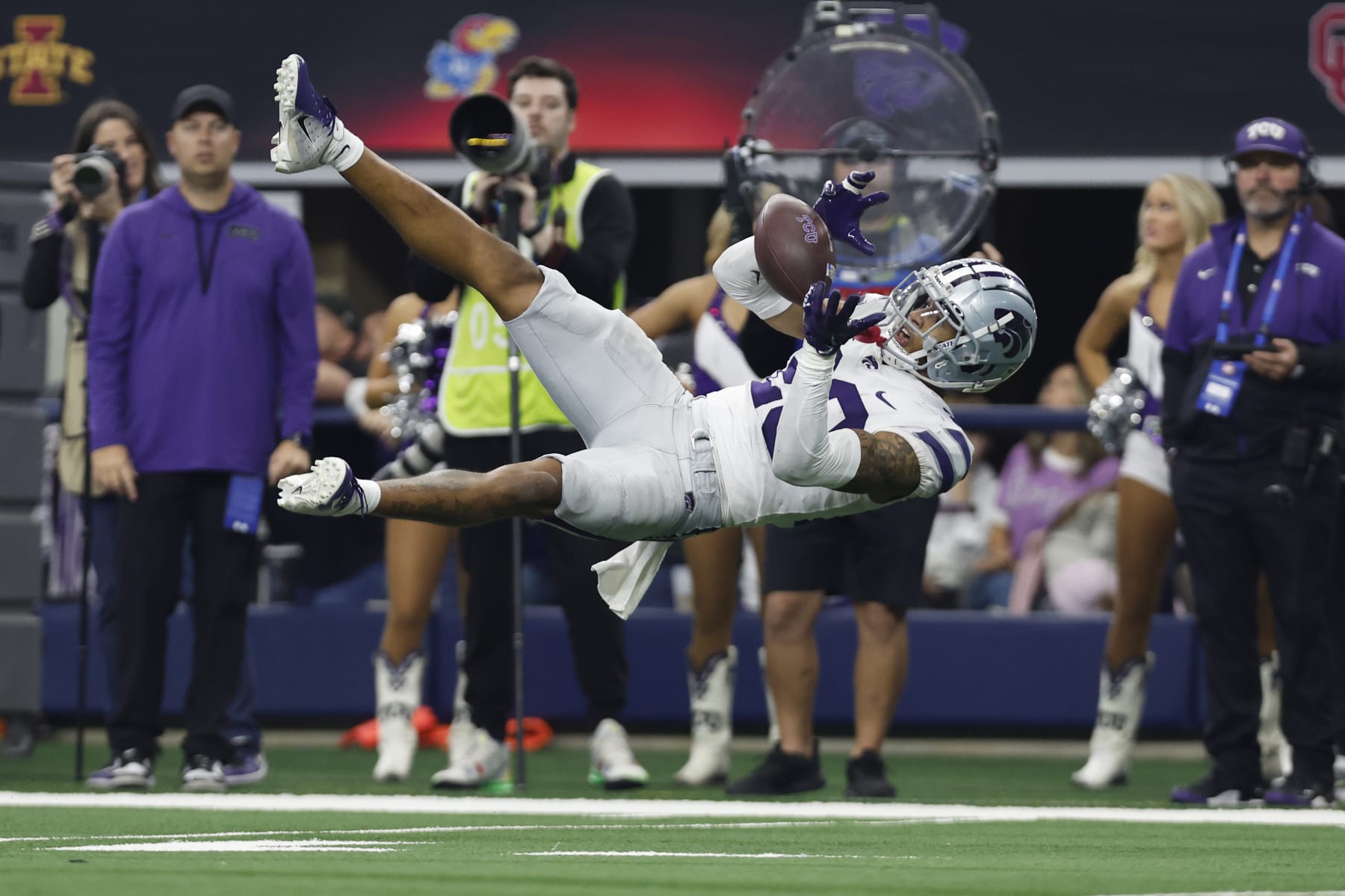 ARLINGTON, TEXAS - DECEMBER 03: Cornerback Julius Brents #23 of the Kansas State Wildcats cannot make an interception against the TCU Horned Frogs in the second half of the Big 12 Championship game at AT&T Stadium on December 03, 2022 in Arlington, Texas. (Photo by Tim Heitman/Getty Images)
