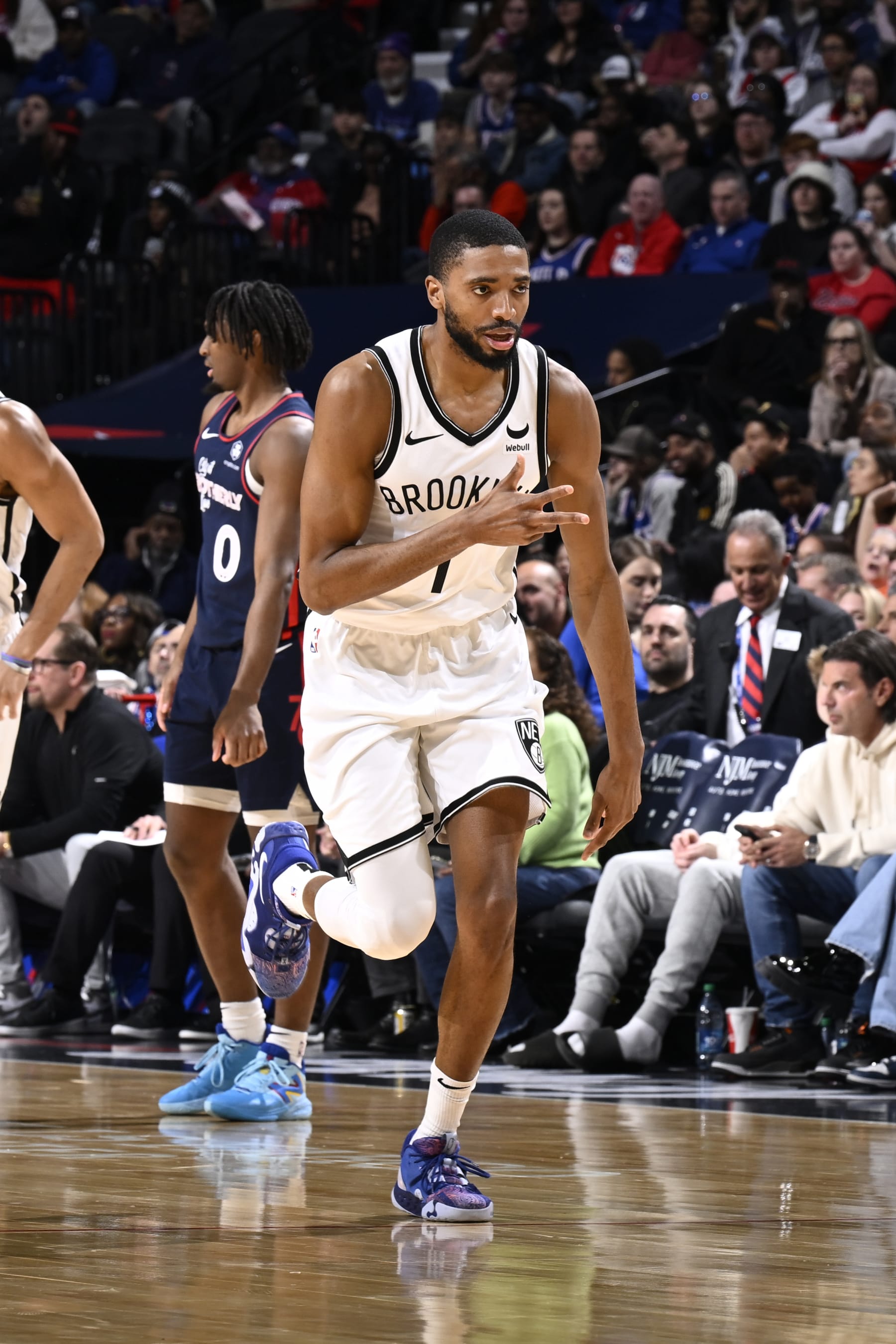 PHILADELPHIA, PA - FEBRUARY 3:  Mikal Bridges #1 of the Brooklyn Nets celebrates during the game against the Philadelphia 76ers on February 3, 2024 at the Wells Fargo Center in Philadelphia, Pennsylvania NOTE TO USER: User expressly acknowledges and agrees that, by downloading and/or using this Photograph, user is consenting to the terms and conditions of the Getty Images License Agreement. Mandatory Copyright Notice: Copyright 2024 NBAE (Photo by David Dow/NBAE via Getty Images)