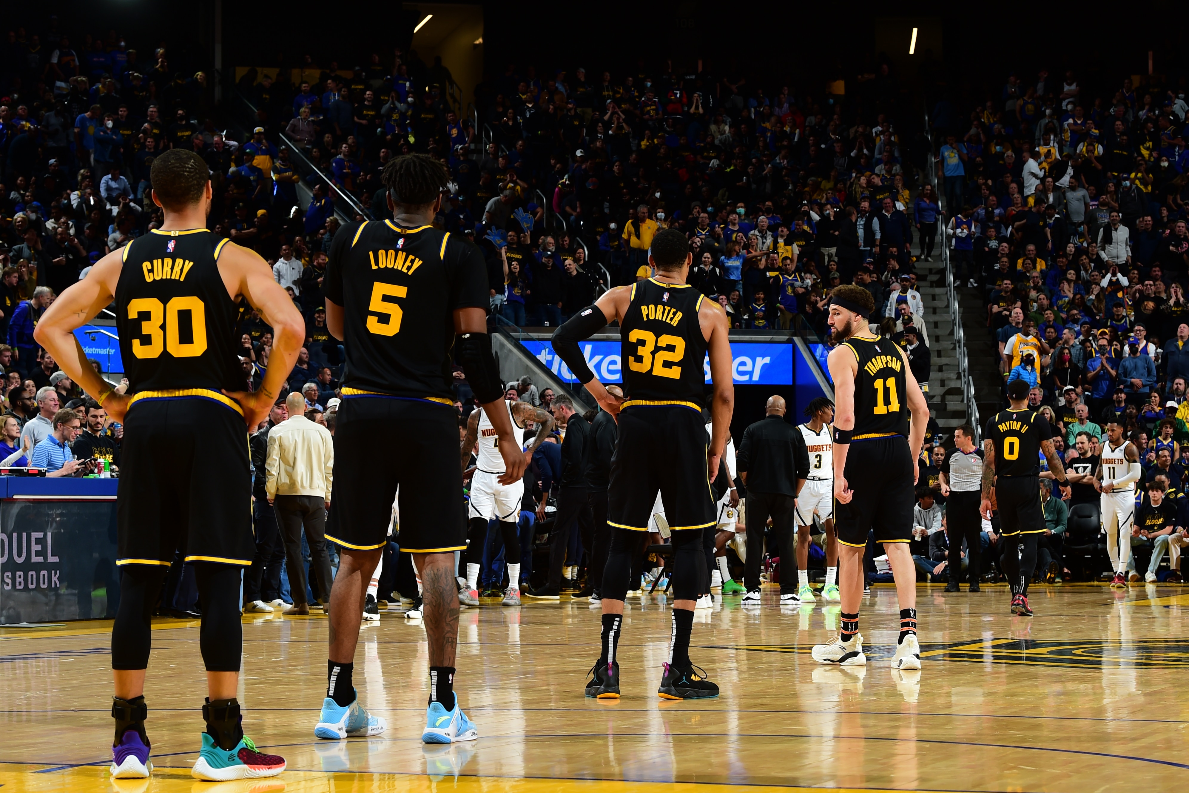 SAN FRANCISCO, CA - APRIL 27: The Golden State Warriors look on during Round 1 Game 5 of the 2022 NBA Playoffs on April 27, 2022 at Chase Center in San Francisco, California. NOTE TO USER: User expressly acknowledges and agrees that, by downloading and or using this photograph, user is consenting to the terms and conditions of Getty Images License Agreement. Mandatory Copyright Notice: Copyright 2022 NBAE (Photo by Noah Graham/NBAE via Getty Images)
