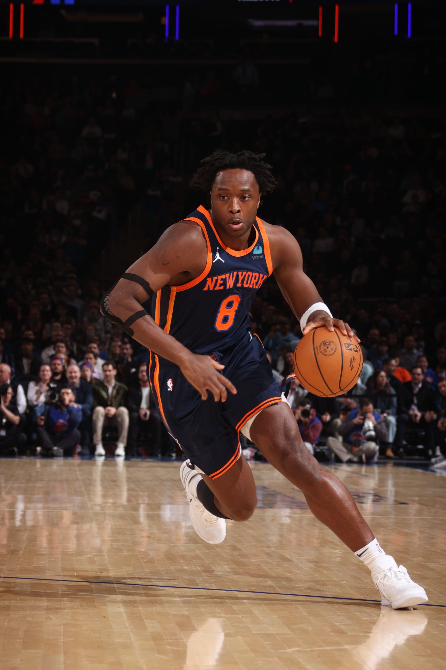 NEW YORK, NY - MARCH 12: OG Anunoby #8 of the New York Knicks handles the ball during the game against the Philadelphia 76ers  on March 12, 2024 at Madison Square Garden in New York City, New York.  NOTE TO USER: User expressly acknowledges and agrees that, by downloading and or using this photograph, User is consenting to the terms and conditions of the Getty Images License Agreement. Mandatory Copyright Notice: Copyright 2024 NBAE  (Photo by Nathaniel S. Butler/NBAE via Getty Images)