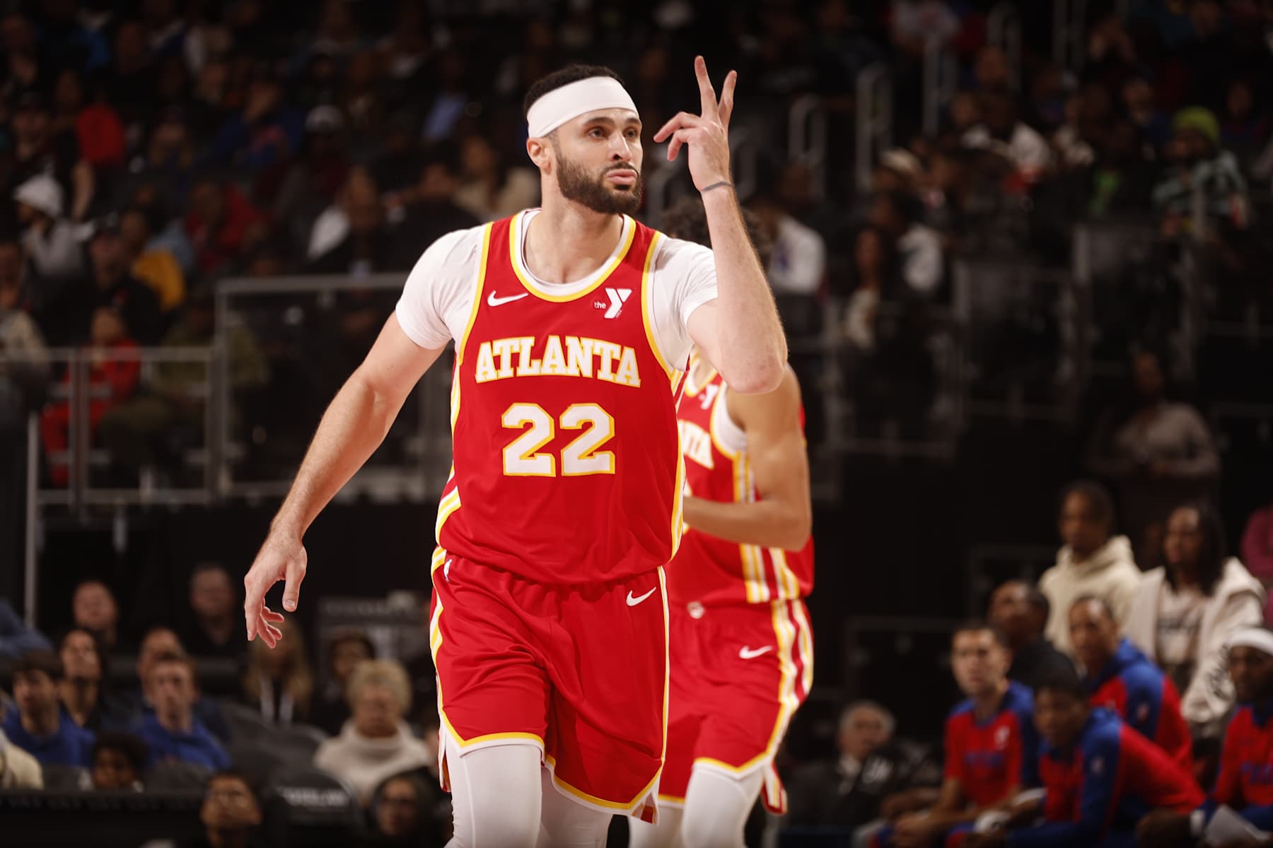 DETROIT, MI - NOVEMBER 8: Larry Nance Jr. #22 of the Atlanta Hawks celebrates during the game against the Detroit Pistons during a regular season game on November 8, 2024 at Little Caesars Arena in Detroit, Michigan. NOTE TO USER: User expressly acknowledges and agrees that, by downloading and/or using this photograph, User is consenting to the terms and conditions of the Getty Images License Agreement. Mandatory Copyright Notice: Copyright 2024 NBAE (Photo by Brian Sevald/NBAE via Getty Images)