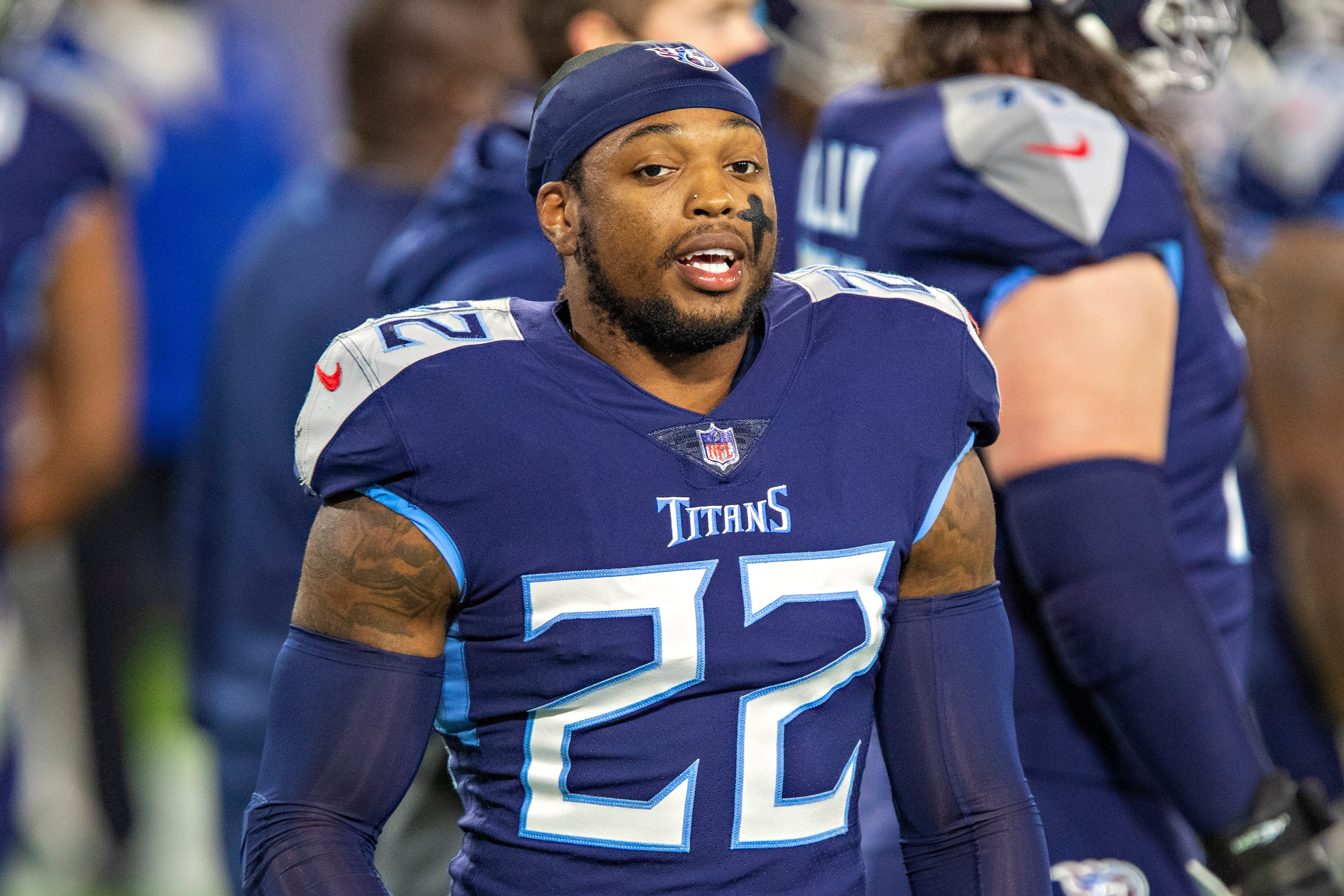 NASHVILLE, TN - NOVEMBER 12:  Derrick Henry #22 of the Tennessee Titans warms up before a game against the Indianapolis Colts at Nissan Stadium on November 12, 2020 in Nashville, Tennessee.  The Colts defeated the Titans 34-17.  (Photo by Wesley Hitt/Getty Images)