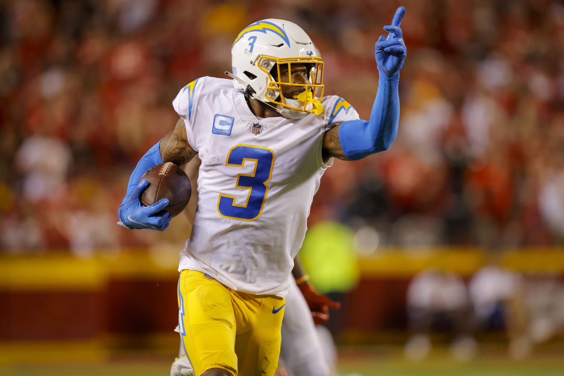 KANSAS CITY, MO - SEPTEMBER 15: Derwin James Jr. #3 of the Los Angeles Chargers celebrates a third quarter interception that was nullified by a penalty against the Kansas City Chiefs at Arrowhead Stadium on September 15, 2022 in Kansas City, Missouri. (Photo by David Eulitt/Getty Images)