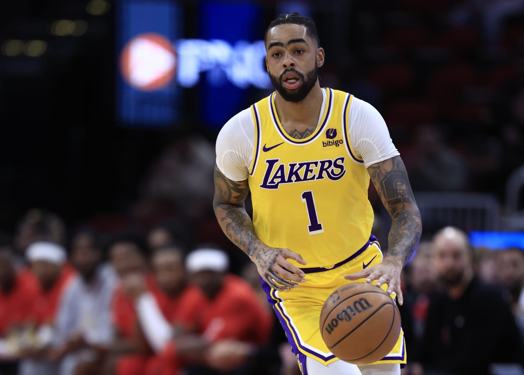HOUSTON, TEXAS - JANUARY 29: D'Angelo Russell #1 of the Los Angeles Lakers against the Houston Rockets during the first half at Toyota Center on January 29, 2024 in Houston, Texas. NOTE TO USER: User expressly acknowledges and agrees that, by downloading and or using this photograph, User is consenting to the terms and conditions of the Getty Images License Agreement.  (Photo by Carmen Mandato/Getty Images)